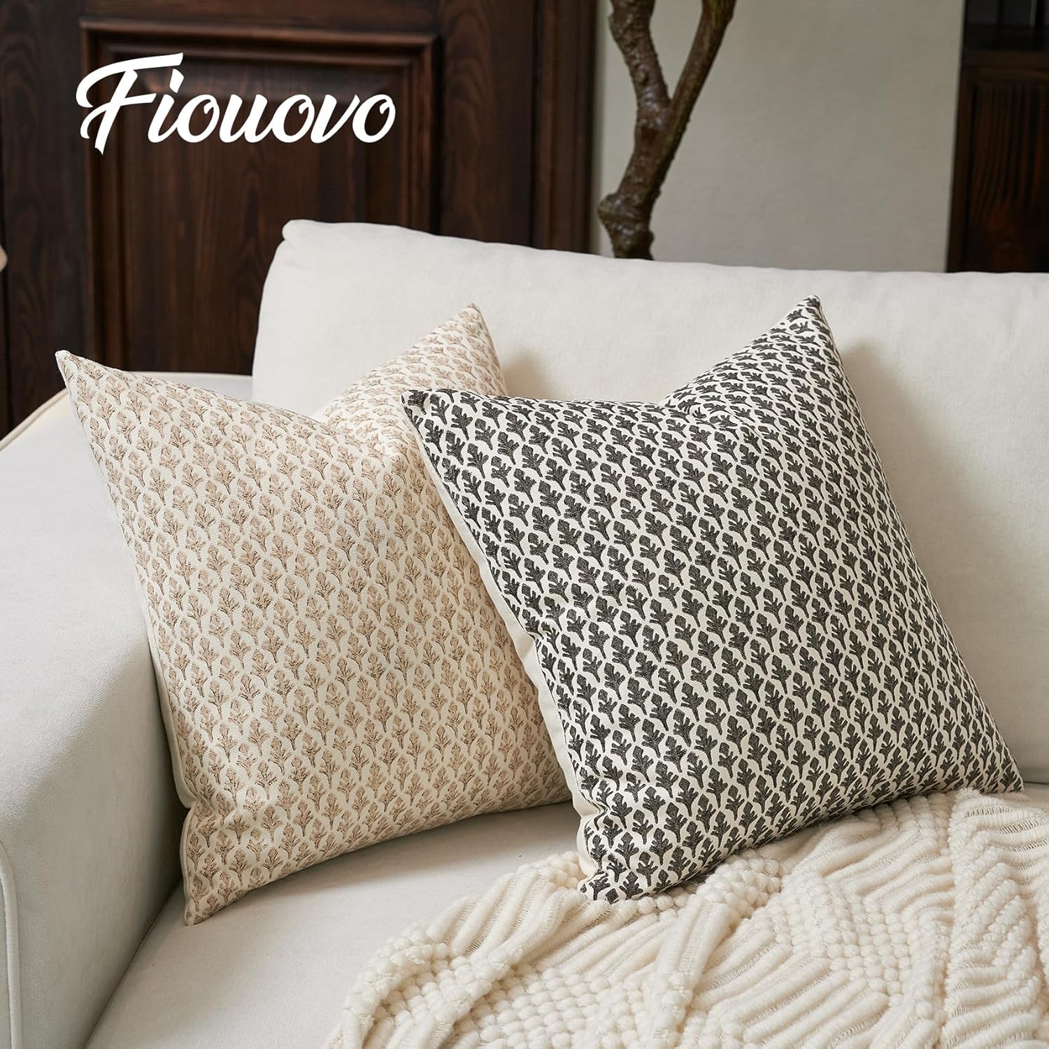 FIOUOVO Floral Pillow Covers 20x20 Pillow Cover Block Print Couch Pillows for Living Room Decorative Neutral Accent Throw Pillow Covers, 1PC, Charcoal Black