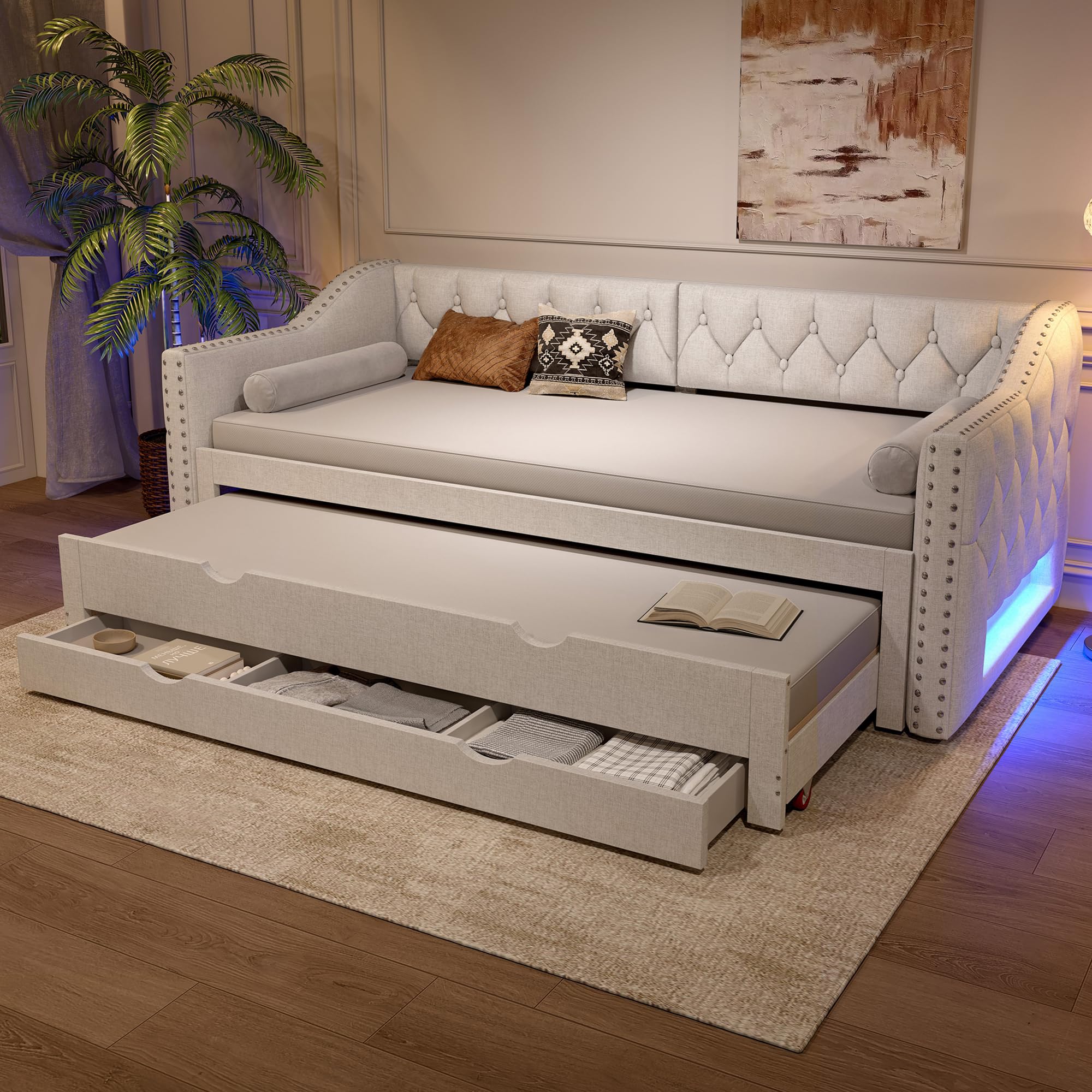 Moimhear Cama de día acolchada con luz LED, cama nido y tres cajones, sin colchón, beige, 90 x 200 cm