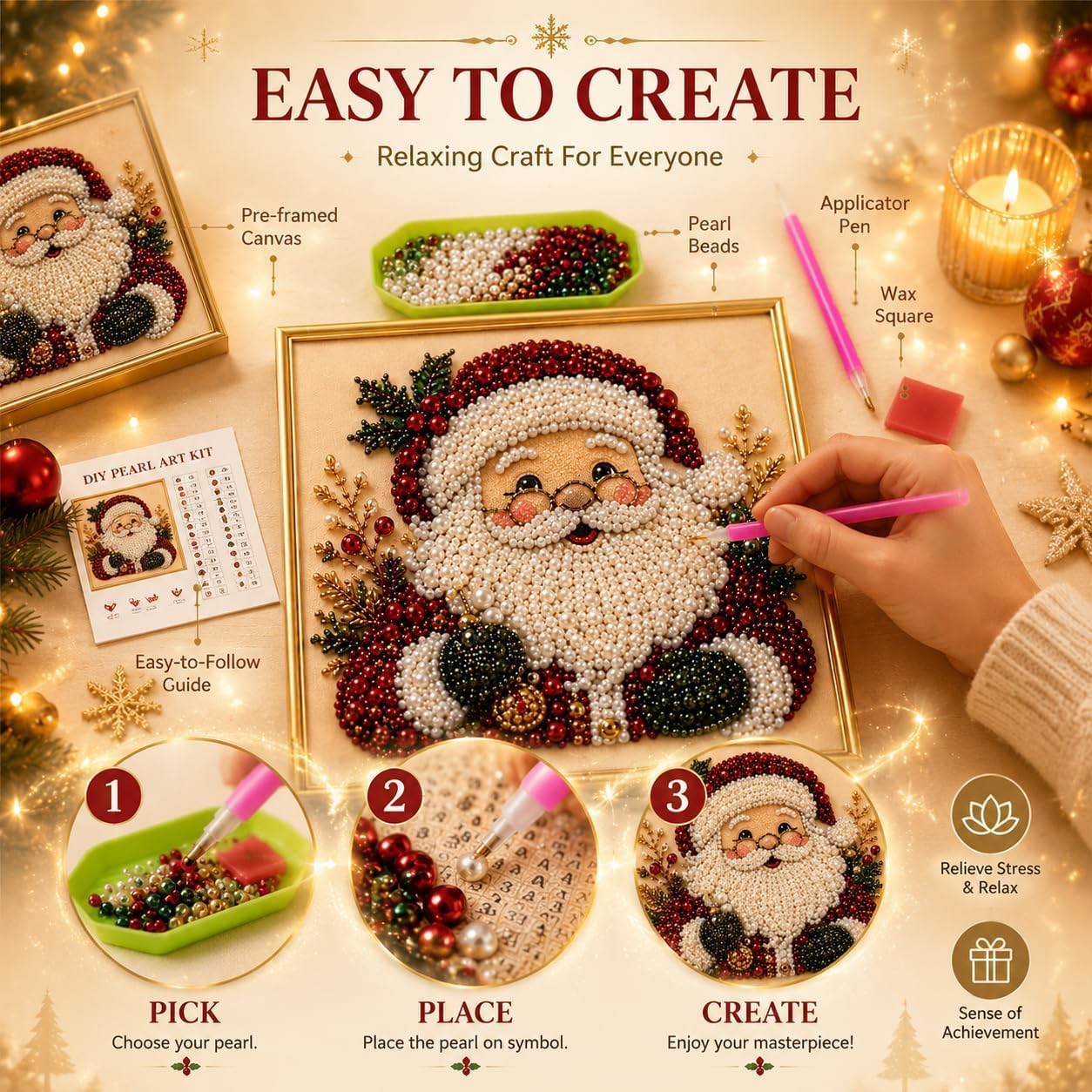 DIY Christmas Pearl Diamond Art Painting Art Kit with Frame, Cute 3D Christmas Pearl Beads Art Craft for Adults Beginner, Holiday Christmas Wall Decor, Healing Stress-Relieving