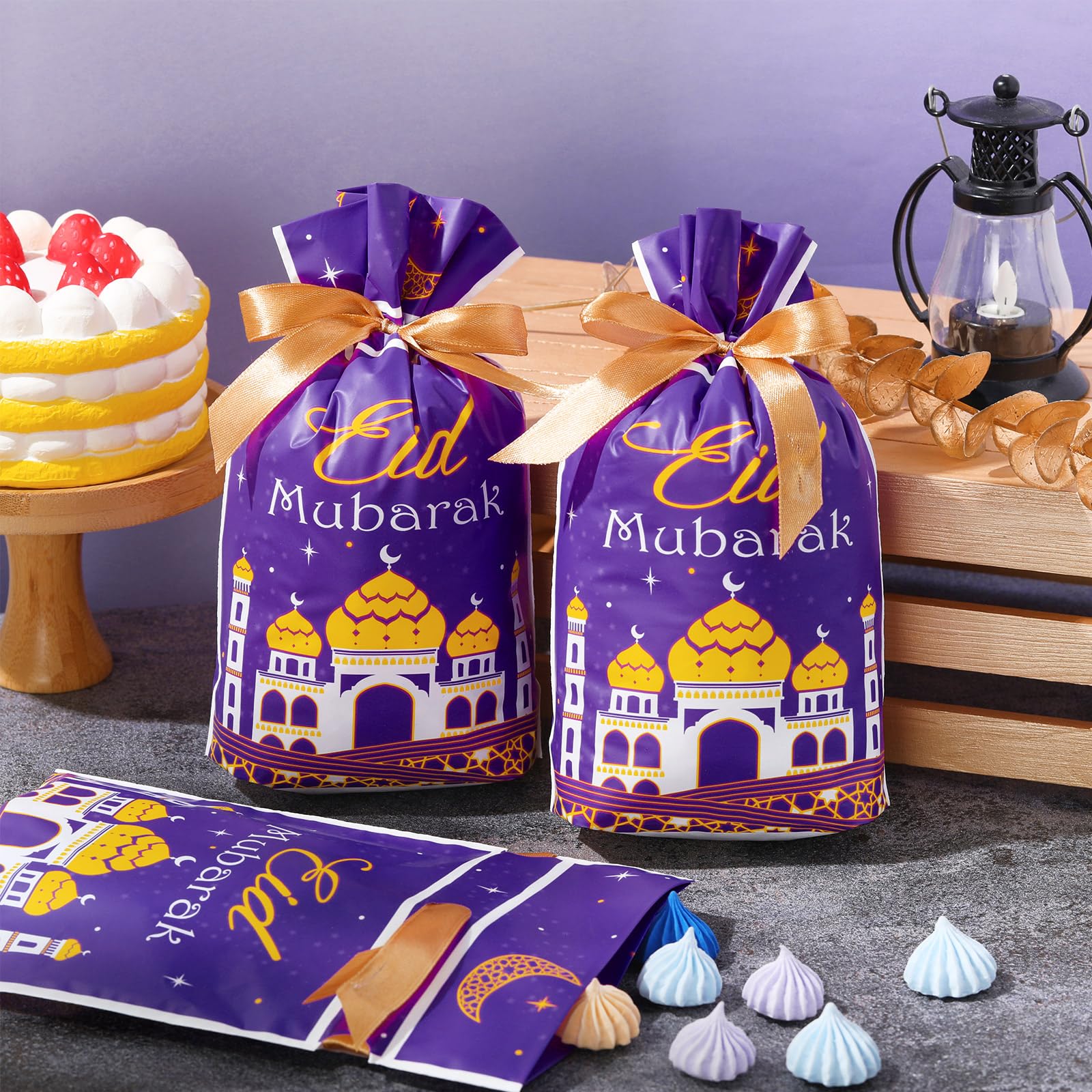 Blulu 50 Pcs Eid Mubarak Gifts Bags Plastic Ramadan Gift Bags Arabesque Moon Bulk Mosque Happy Eid Theme Goodie Pouches for Muslim Mubarak Party Candy Wrapping Supplies Decorations