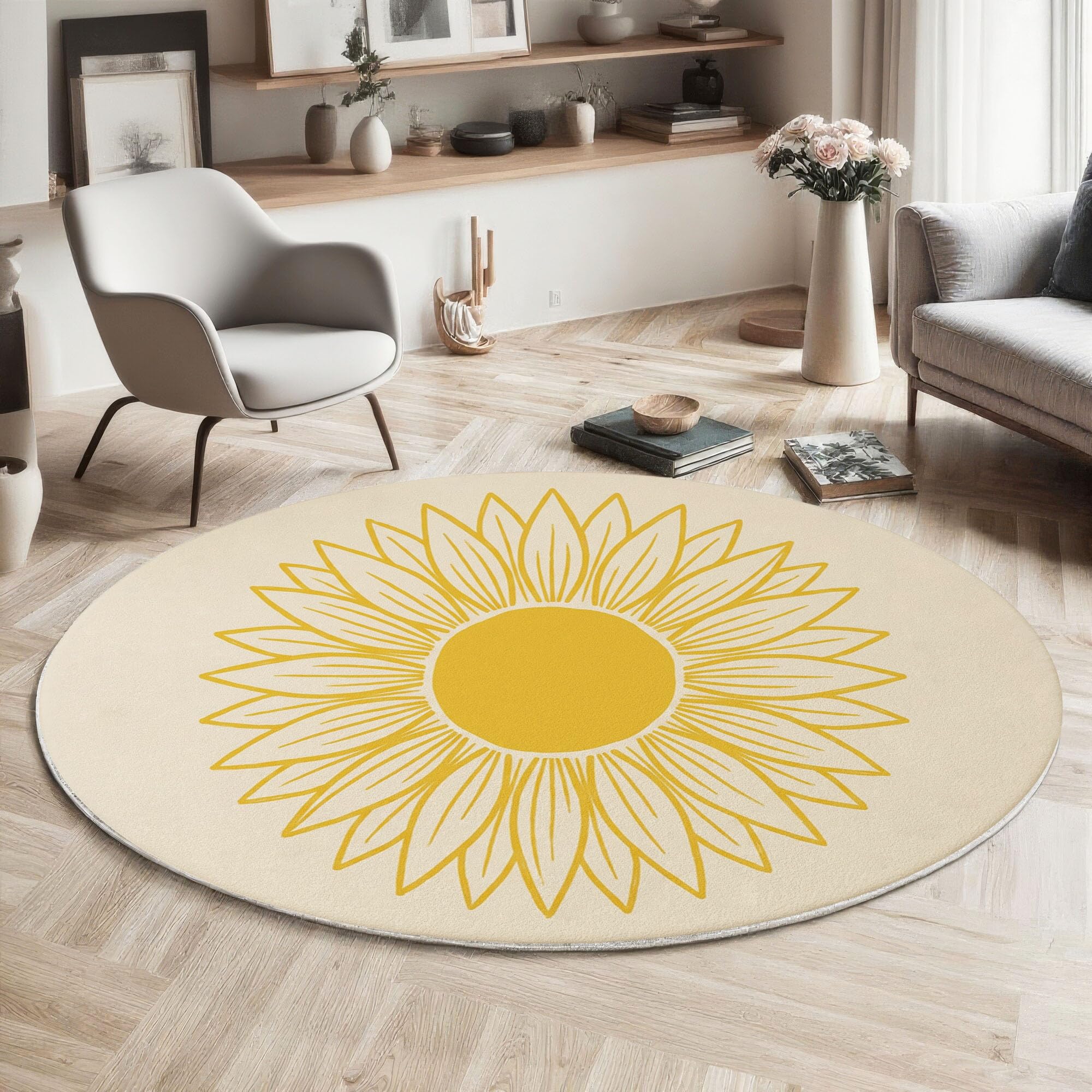 Tapis Rond 160 Cm Tournesol Aux Lignes Simples Salon Chambre | Moquette Lavable Doux, Tapis Adulte Plantes De Bohême Descente De Lit Antidérapant Decoration, Beige