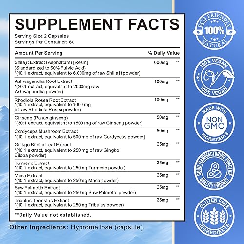 Miniatura 7 de Shilajit Pure Himalayan 6000mg Suplemento de resina Shilajit para hombres y mujeres 60% ácido fúlvico Shilajit cápsulas con Ashwaganhda, Maca,