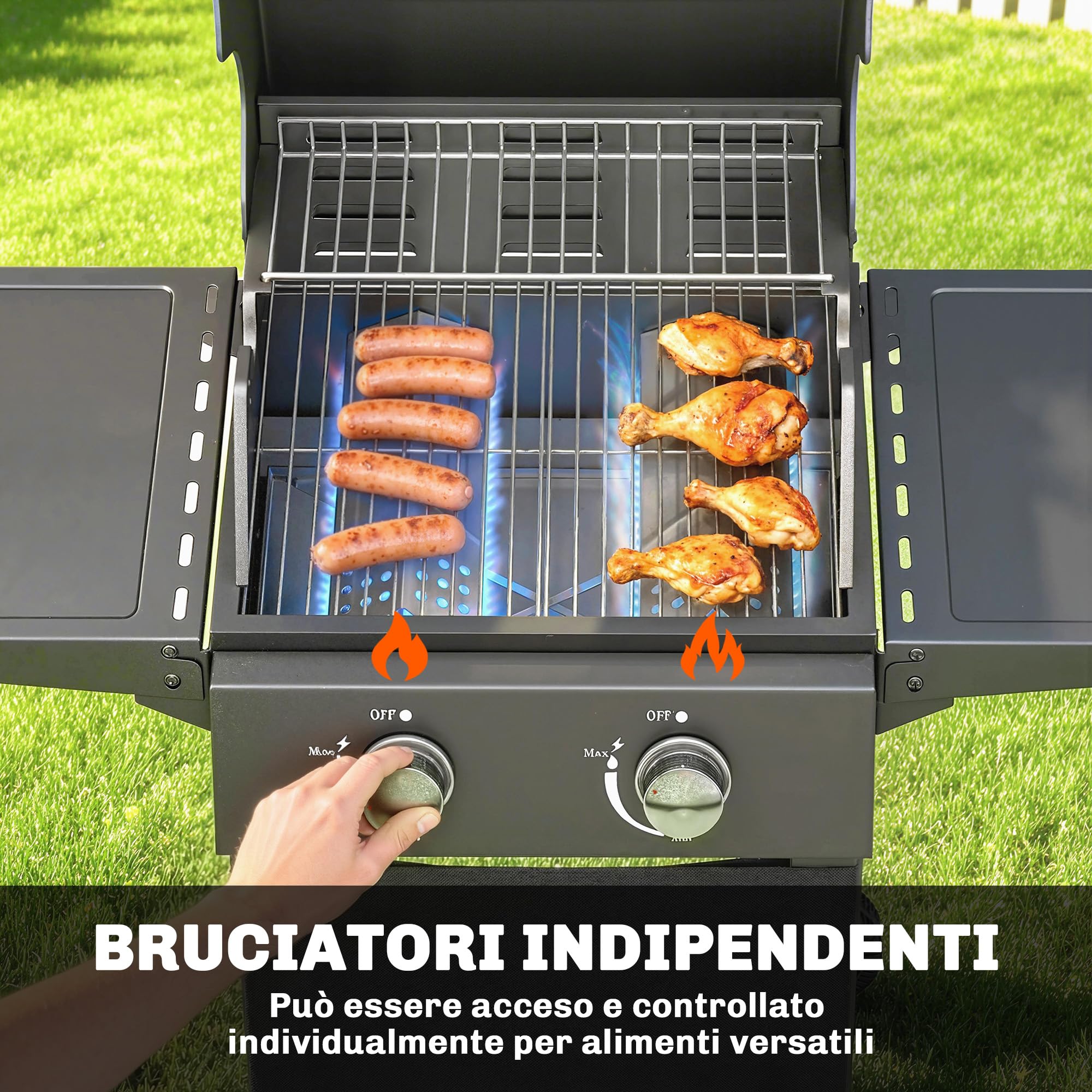 Outsunny Barbecue a Gas 2 Bruciatori 5.4 KW BBQ Portatile con Griglia Ripiani Pieghevoli Coperchio Termometro Ruote Nero