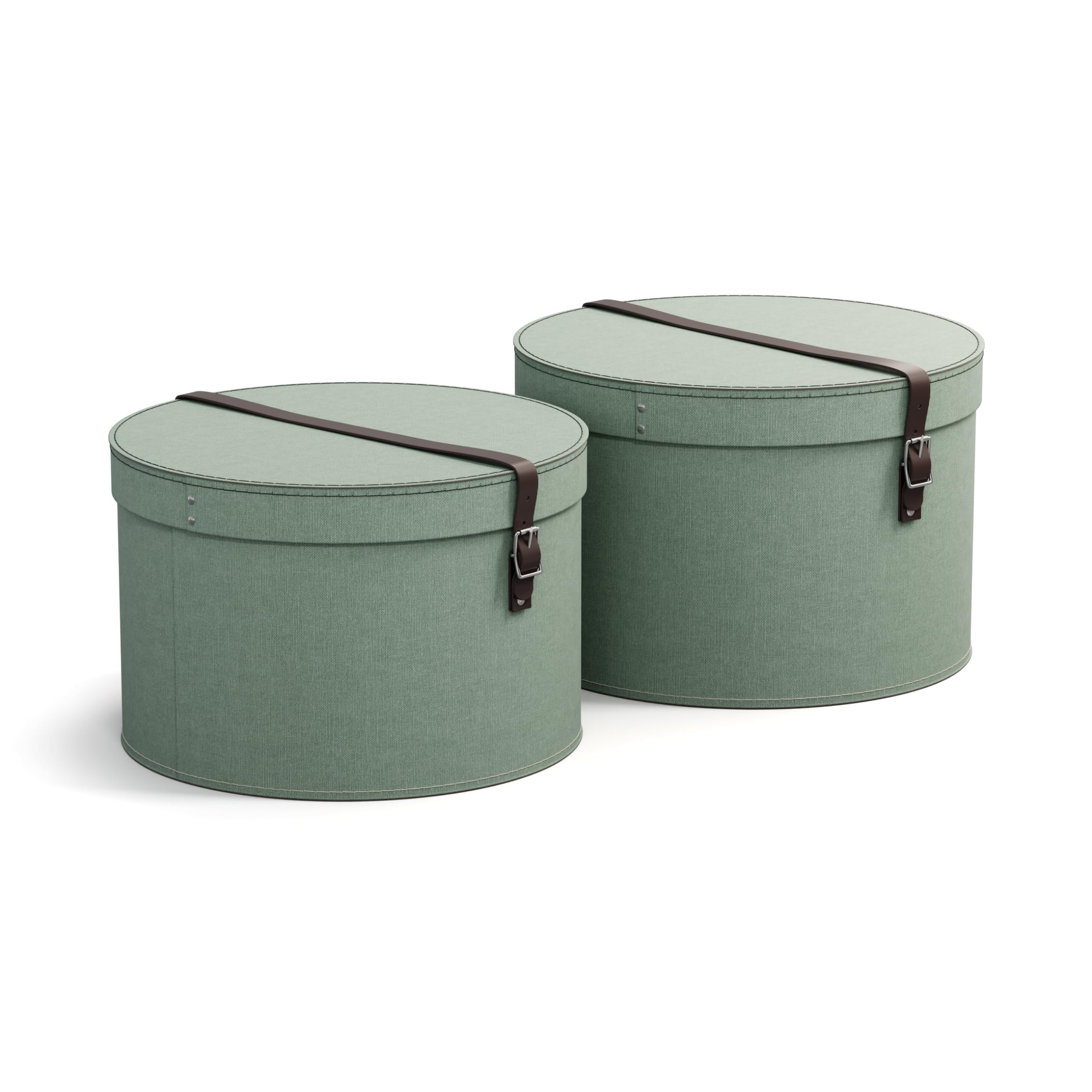 Bigso Box of Sweden Juego de 2 Cajas Redondas de Distinto Tamaño – Cajas con Tapa y Correa de Cuero – Caja Sombrerera de Tablero de Fibras y Papel con Aspecto de Lino - Verde menta