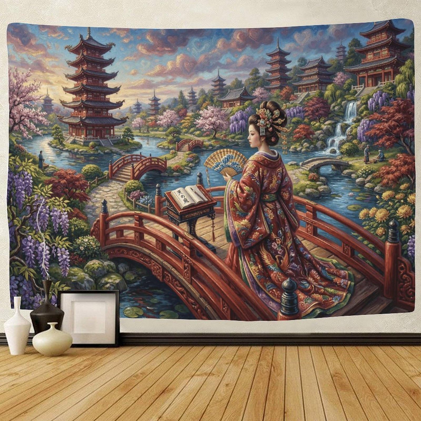 GPMNBCXZK Japanese Geisha 3D Printed Wall Hanging Pagoda Decor for Living Room Bedroom Dormitory Wall Art 100cmx150cm