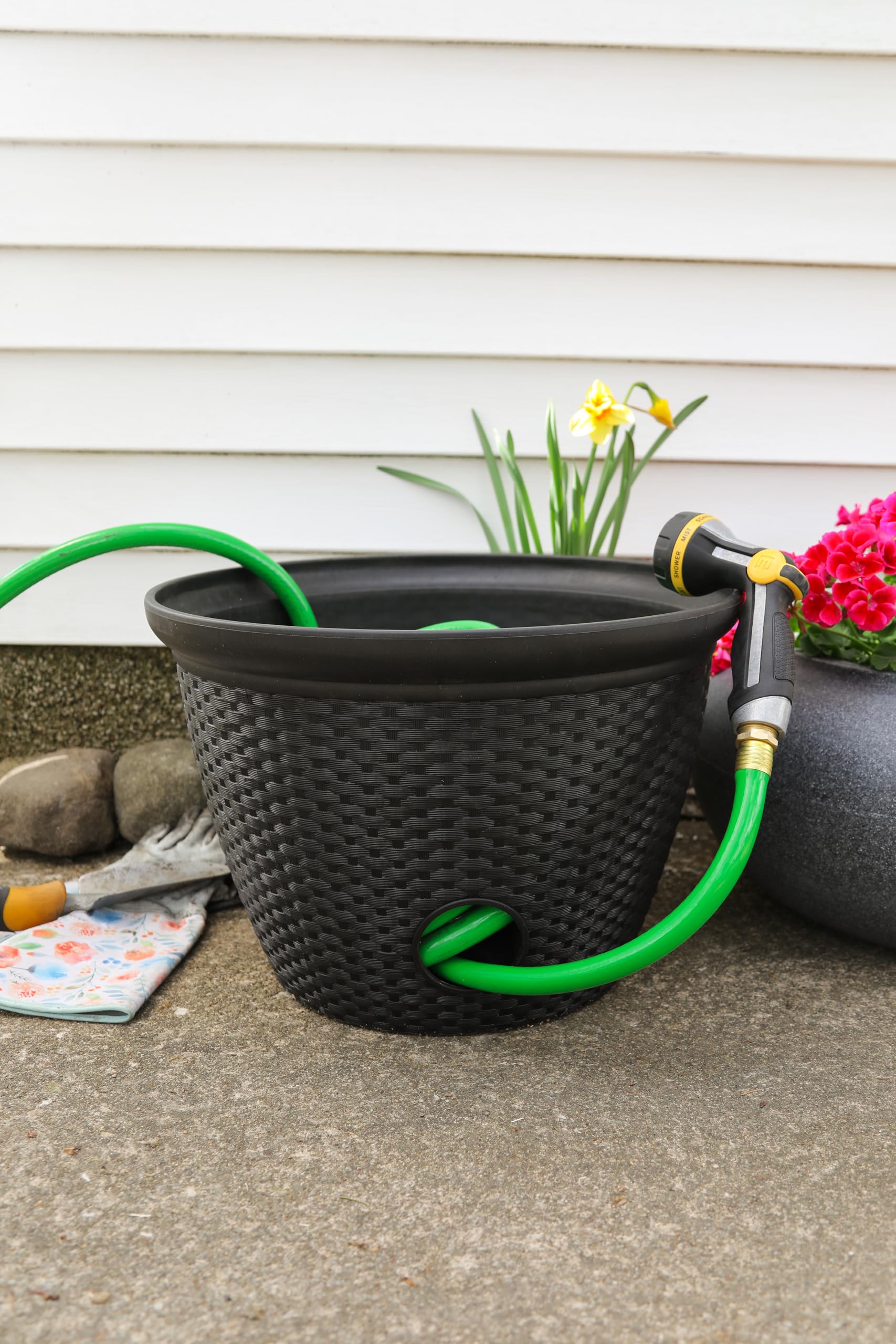The HC Companies Woven Garden Hose Holder - Lightweight Plastic Decorative Water Hose Holder w/100-Foot Capacity - Garden Hose Pots for Outside (18”, Black, Pack of 2)