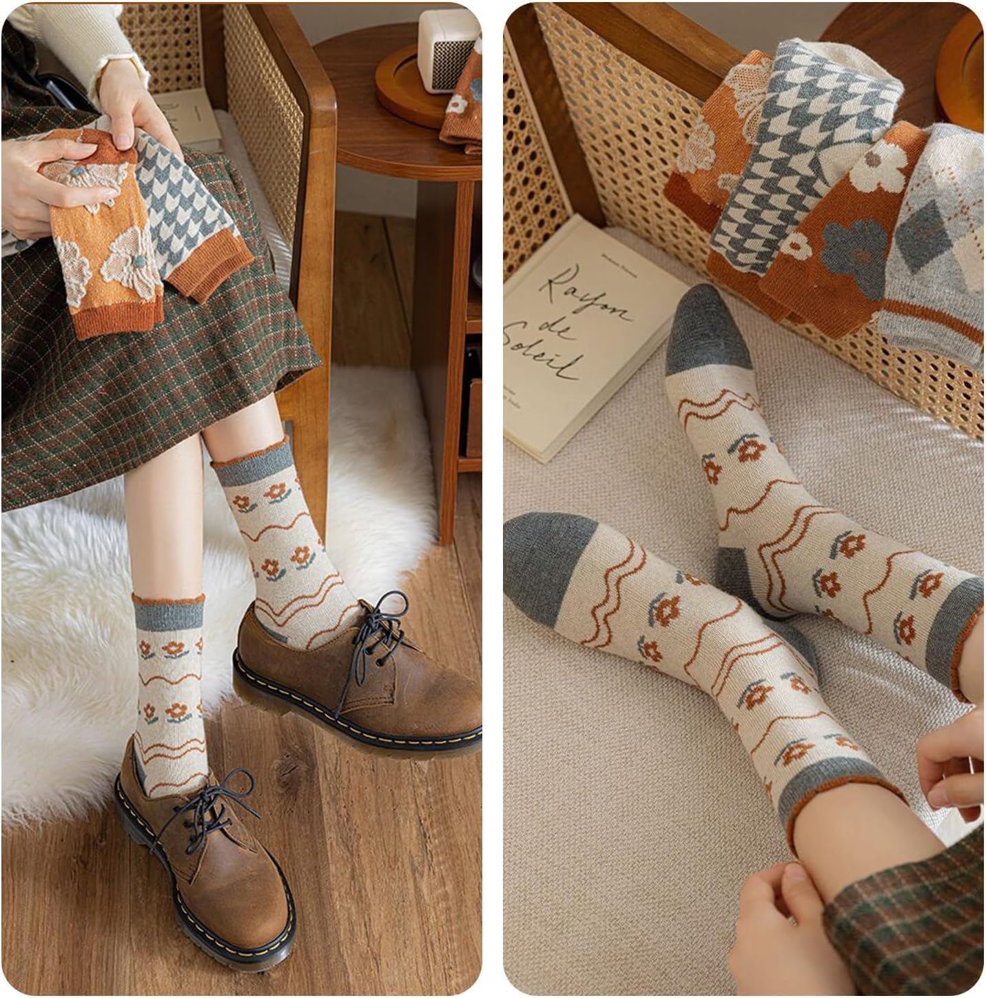 MarJunSep Wool Fall Boot Socks Women Teen Girls Thick Knit Vintage Cute Floral Cottage Core Boho Winter Warm Crew Socks - Image 5