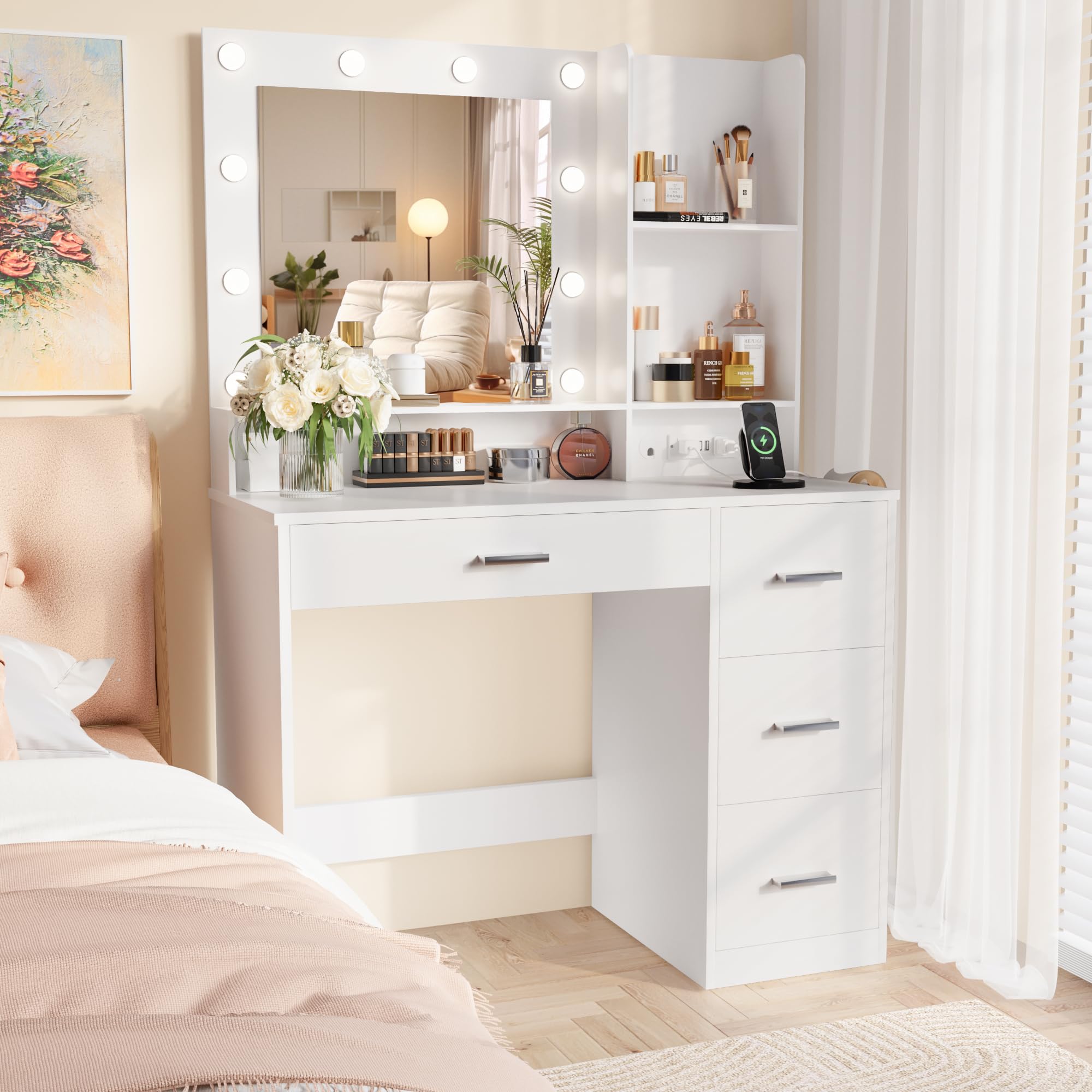 Furmax Vanity Desk with LED Lighted Mirror&Power Outlet, 39.3’’ Makeup Vanity Table with 4 Drawers and 3 Storage Shelves, Adjustable 3 Lighting Colorfor Bedroom&Dressing Room (White)