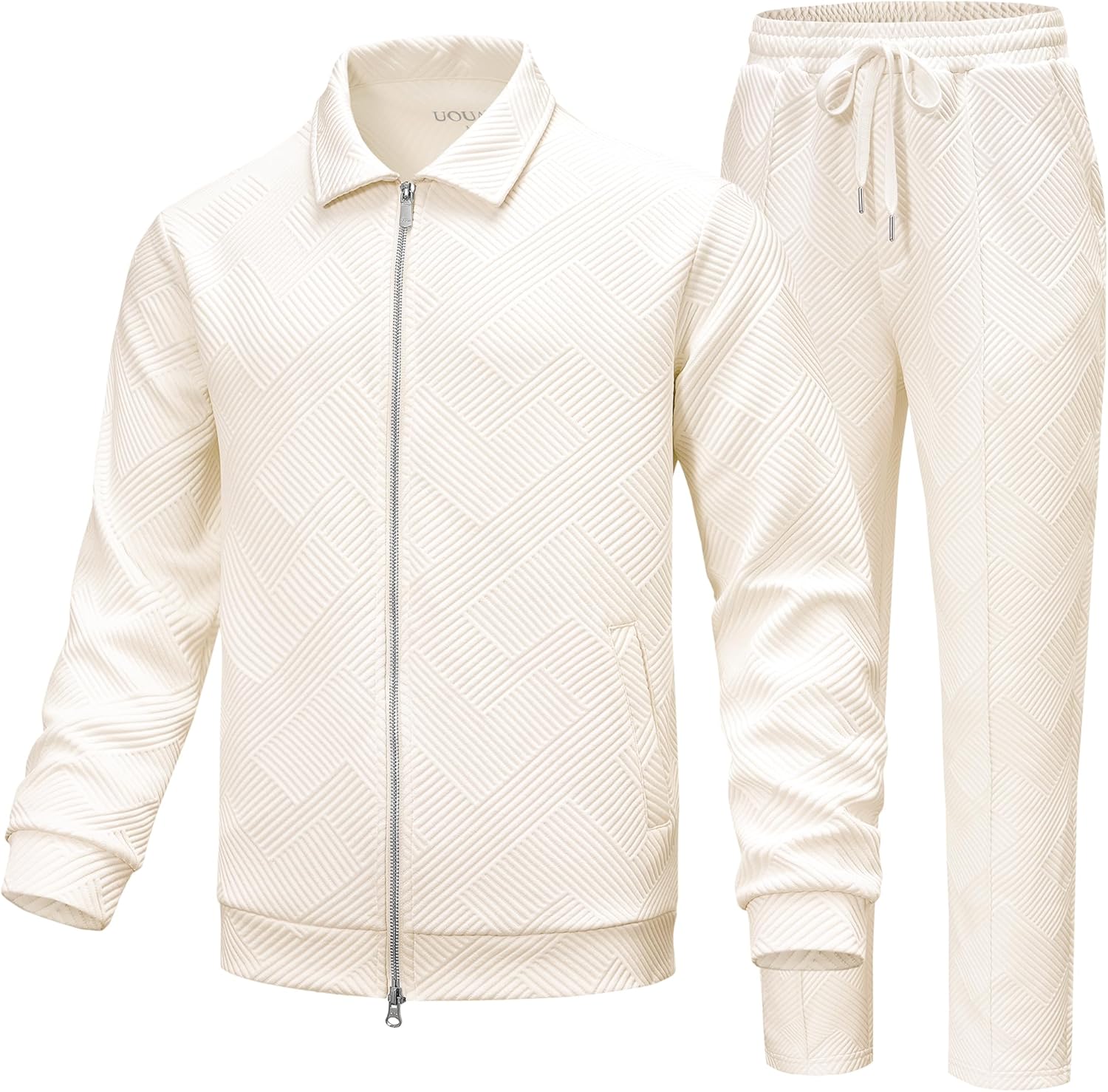 UOUA Mens 2 Piece Tracksuits Set Casual Jacquard Sweatsuits Outfits Full-Zip Jakcet & Loose Jogging Pants - Image 2