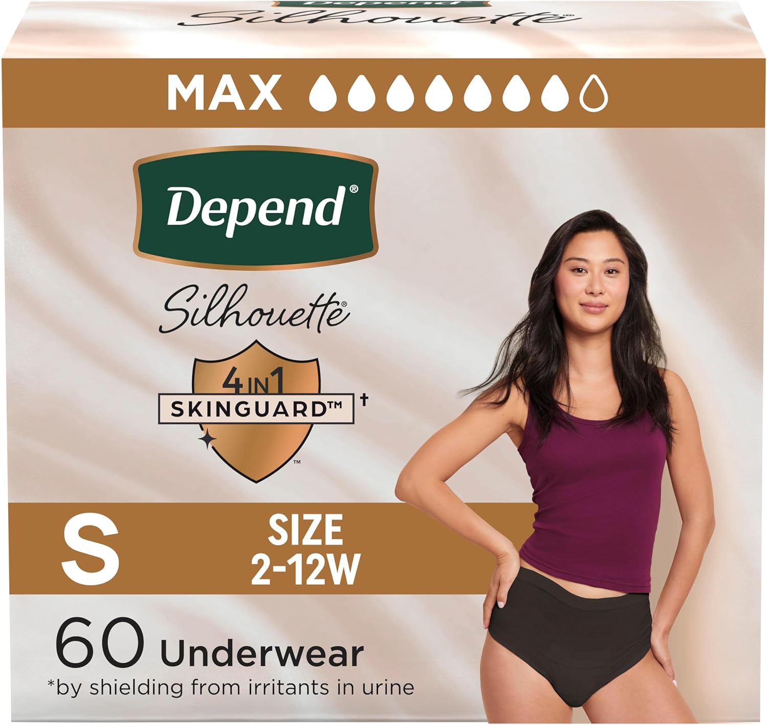 Depend Silhouette Adult Diapers, Incontinence & Postpartum Bladder Leak Underwear for Women, Maximum Absorbency, Small, Black, 60 Count (2 Packs of 30), Packaging May Vary