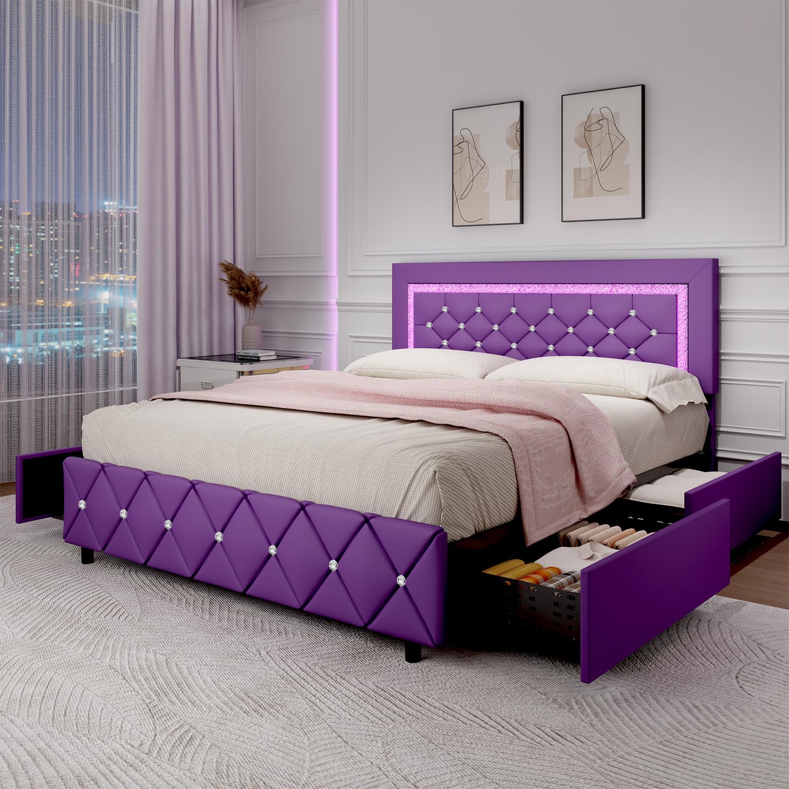 BarnFurin Full Size Bed Frame with Headboard, Faux Leather Upholstered Bed with Diamond Tufted Design, Mordern Bed Frame with Wooden Slats Suppor, No Box Spring Required, Easy Assembly, Purple