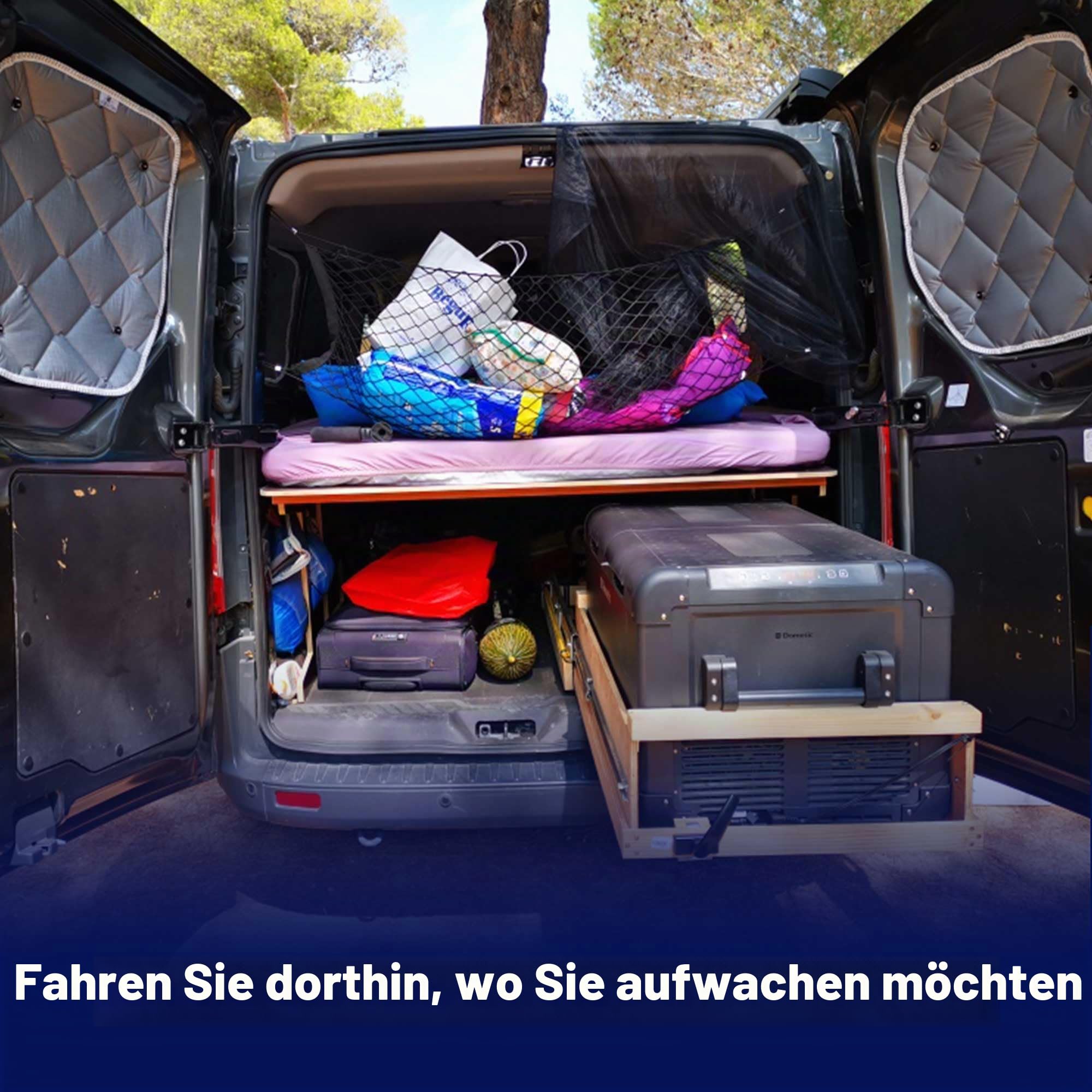 Camper Bett für Ford Transit Custom 2014, Camper Ausbau mit Faltmatratze – Leichter Lattenrost, Einfache Montage, Großer Stauraum