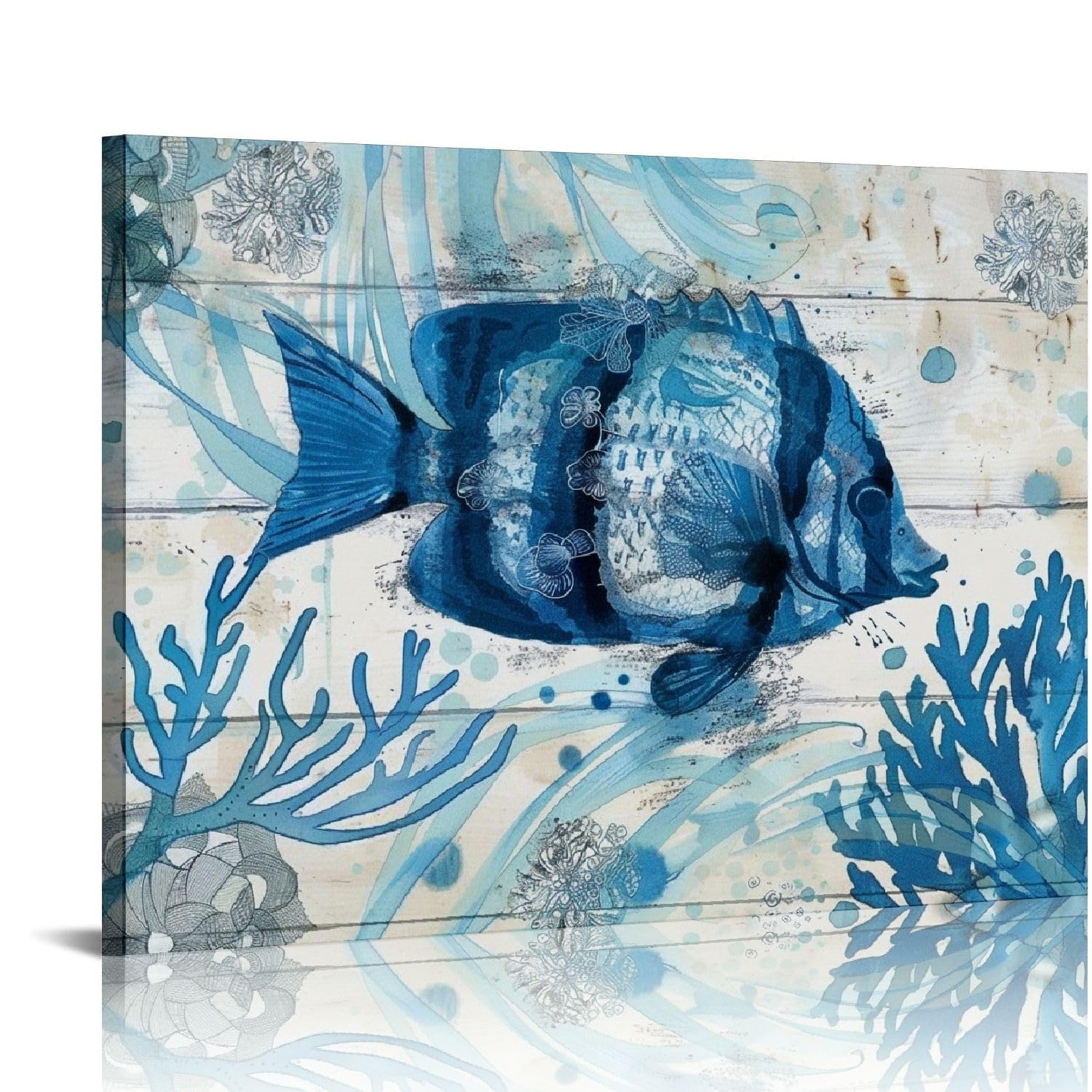 ARISTURING Canvas Print Wall Art Clownfish Under The Sea with Sea Snails Beach Illustrations Modern Art Nautical Scenic Relax/Calm Blue Ultra for Living Room, Bedroom, Office picture 3