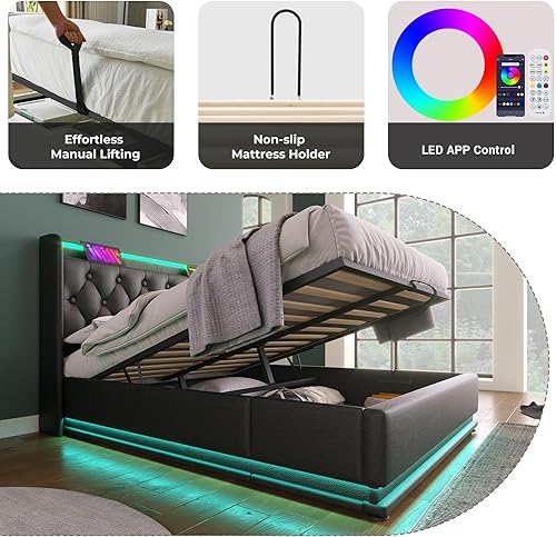 Miniatura 187 de Base de cama LED tapizada tamaño Queen, plataforma flotante de terciopelo con cabecero, MDF moderna y cama de madera contrachapada (beige-081)