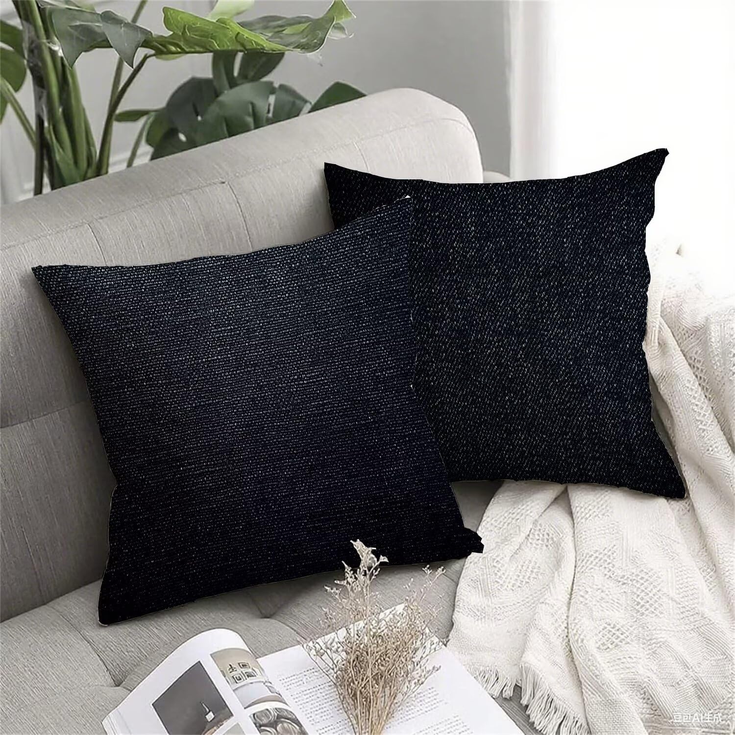 Federa per cuscino da esterno, impermeabile, tinta unita, nera, 90 x 90 cm, in lino, decorativa, quadrata, con stampa su entrambi i lati, cuscino da giardino, per soggiorno, decorazione per la casa