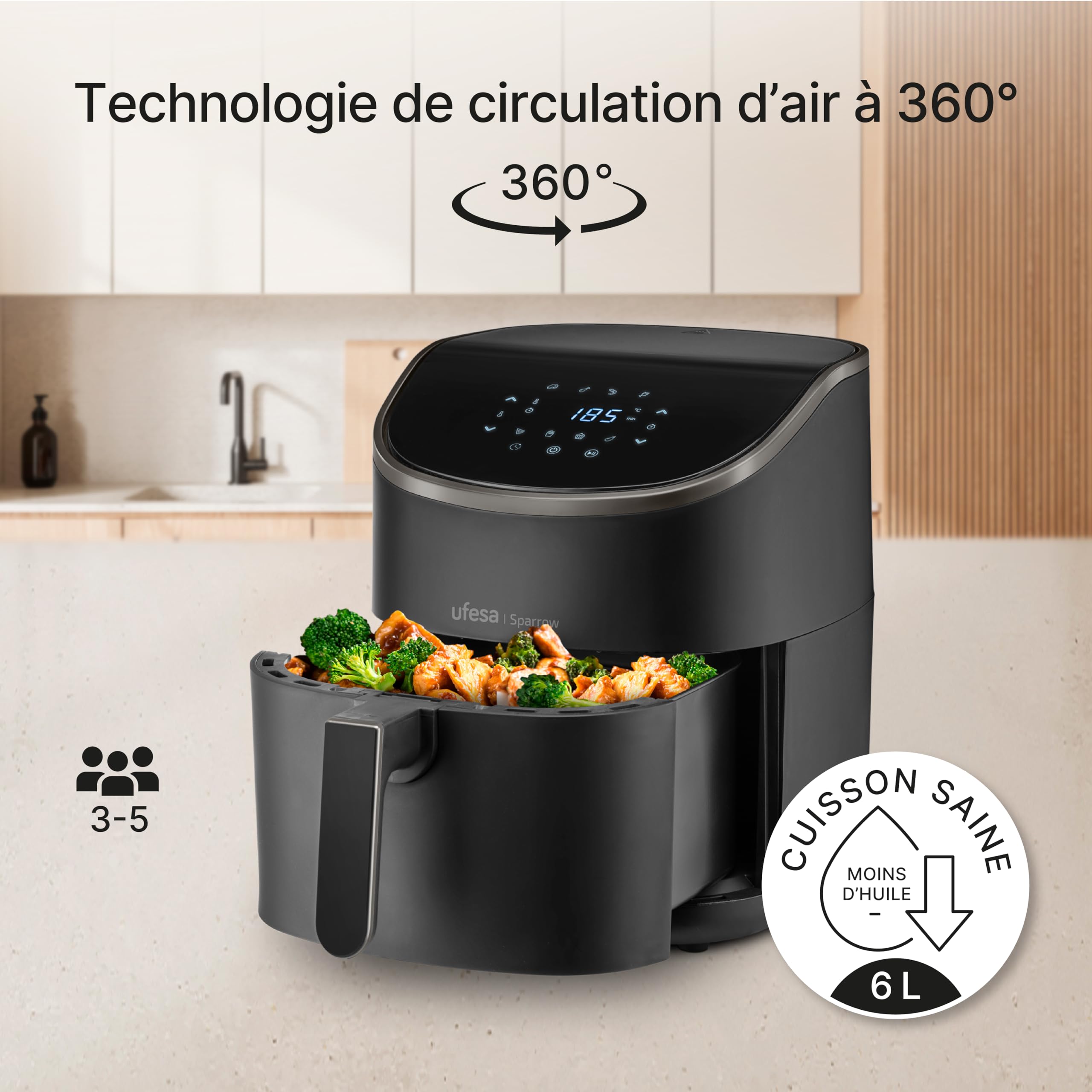 Ufesa Sparrow frytkownica powietrzna, 6 l, Air Fryer 8 programów, 1700 W, cyfrowa, timer, temperatura 80°C - 200°C, bez BPA i PFOA, frytkownica powietrzna z wiadrem i tacą zapobiegającą przywieraniu
