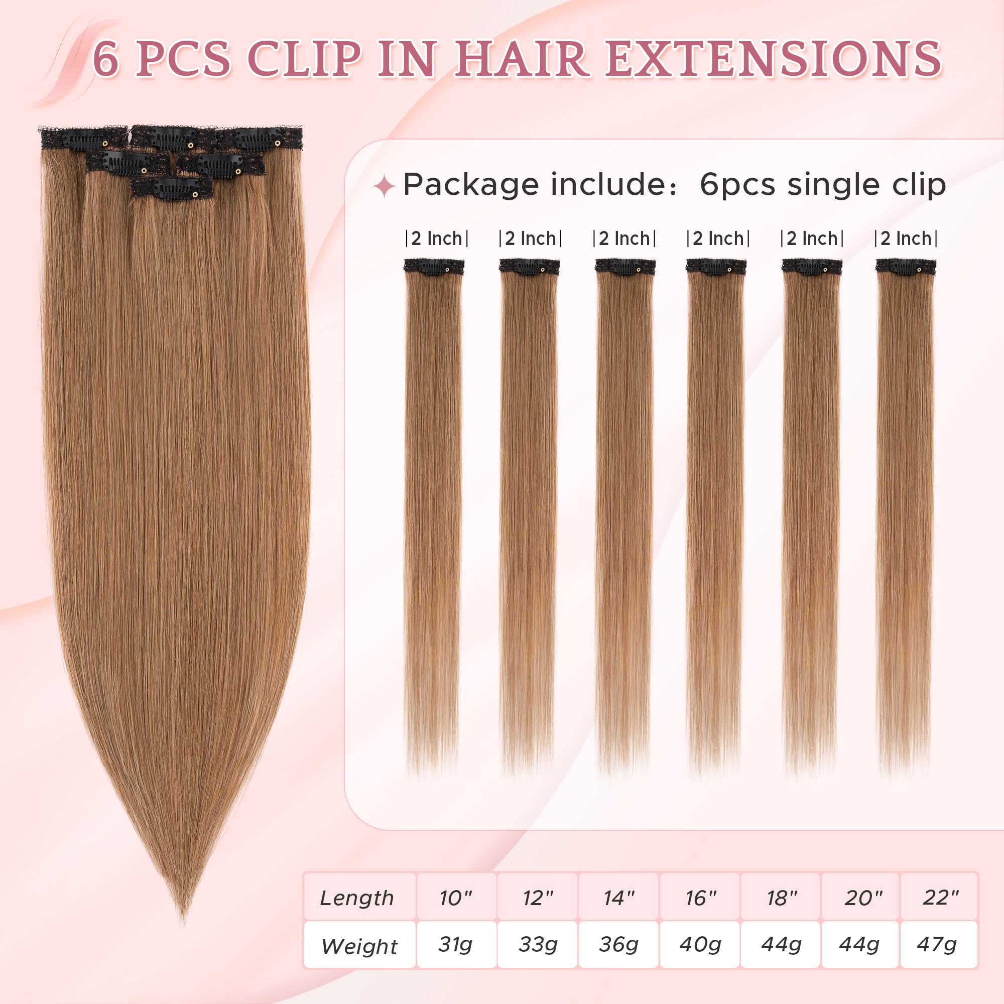 50cm Extension Capelli Veri Clip 6PZ #6 Marrone Chiaro Silk Lace Naturali per Capelli Sottili (44g)