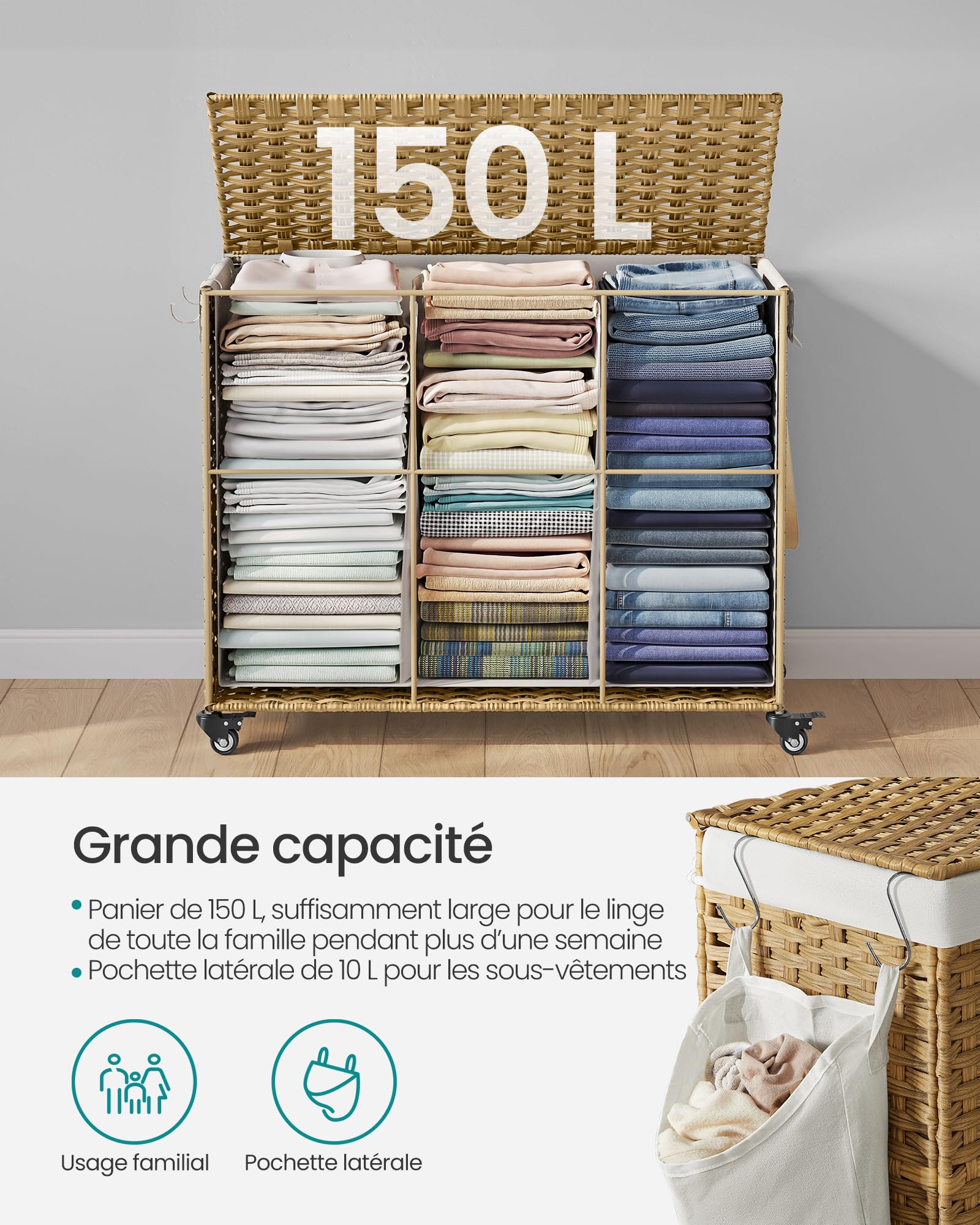 SONGMICS Panier à Linge avec Couvercle, 160L, Corbeille Linge Sale Tressé, avec roulettes, 3 Compartiments, Sac Intérieur Amovible, pour Buanderie, Chambre, 70 x 36 x 66 cm, Couleur Boisée LCB365N01