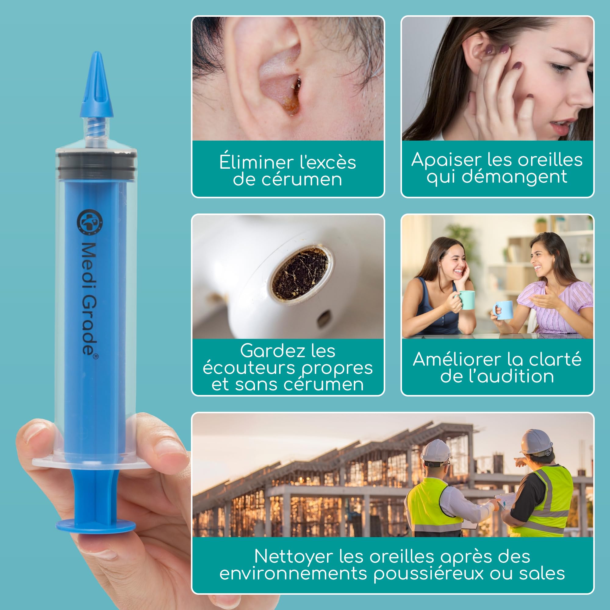 Kit Élimination de Bouchon d’Oreille – Nettoyage Oreille Sûr par Medi Grade – Nettoyeur Oreille – Livré avec Seringue 60ml, Embouts – 3 bouts à Quadruple Jet – Nettoyage Auriculaire