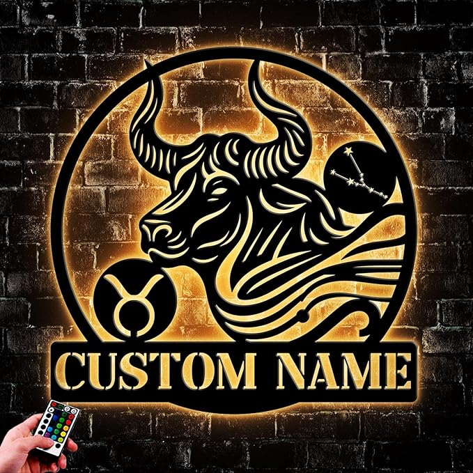 Custom Taurus Zodiac Symbol Constellation Stars Metal Sign with LED Lights, Personalized Horoscope Wall Art Name Sign Home Decor, Birthday Gift SEA23-THMS68.11