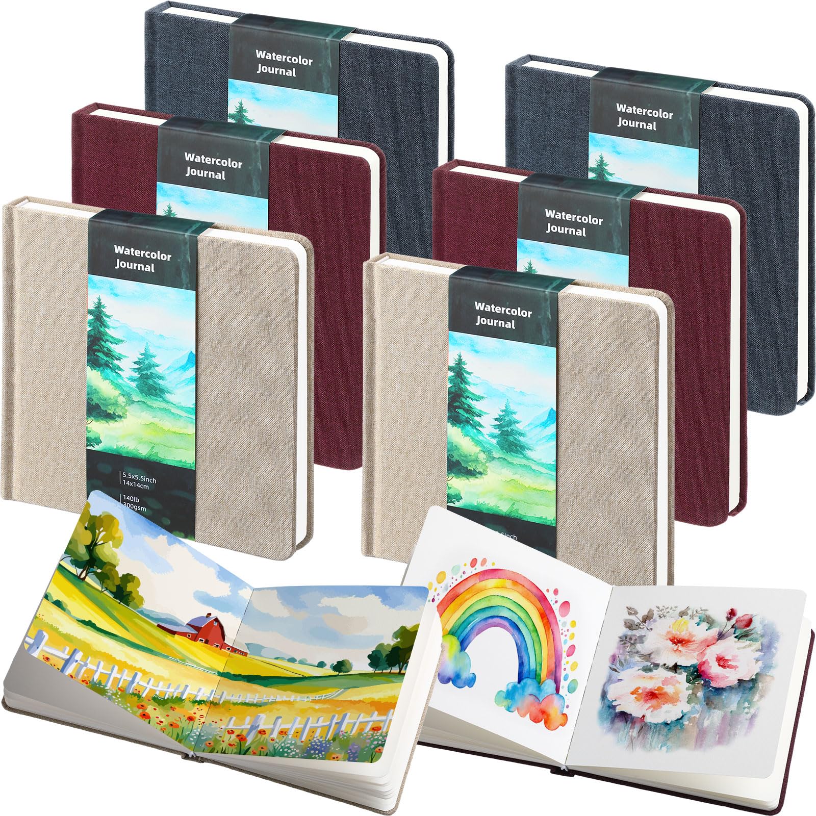 Mooliwe Lot de 6 carnets de croquis de petite poche pour aquarelle - Papier coton 300 g/m² - Presse à froid - 48 pages - Pour artiste, étudiant, peintre (couleur rétro, 14 x 14 cm)