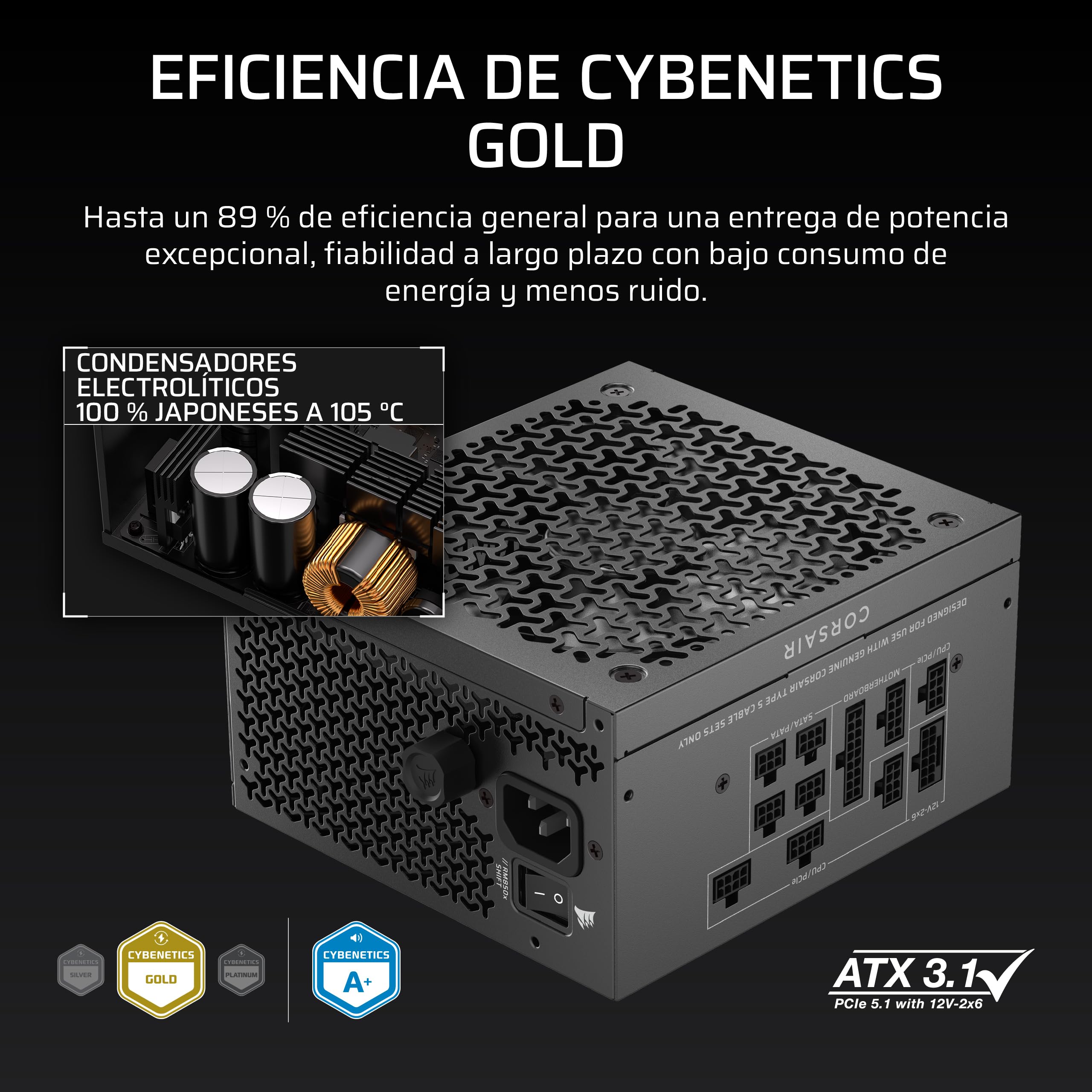 CORSAIR RM850x Shift (2025) Fuente de Alimentación ATX Totalmente Modular – Interfaz Lateral Modular, 12V-2x6, ATX 3.1 y PCIe 5.1, Condensadores de 105°C, Cybenetics Gold – Negro