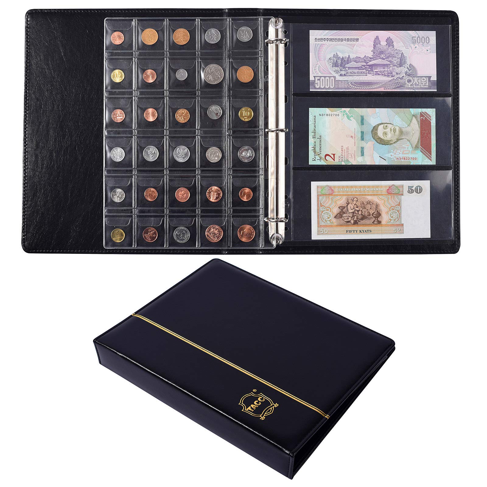 Ettonsun Coin Collection Book Holder for Collectors, 120 Pockets Coins Collecting Album & 24 Sleeves Paper Money Display Storage Case for Coin Currency Collection Supplies,Bill,Pennies,Quarters,Stamp