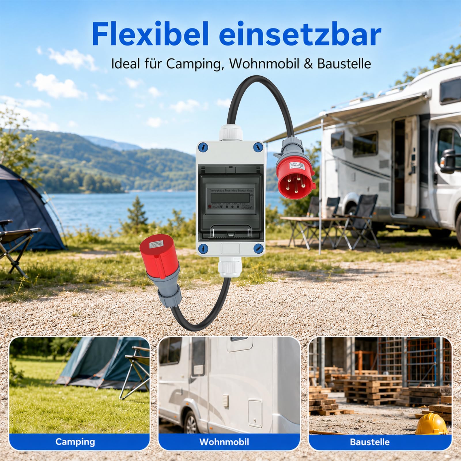 Angooni Digitaler Drehstromzähler 3 Phasen CEE 16A Mobiler Stromzähler MID | Energieverbrauch Stromverbrauch Messen Energie Monitor mit Display 2m Kabel IP68 für Camping Wohnmobil Baustelle