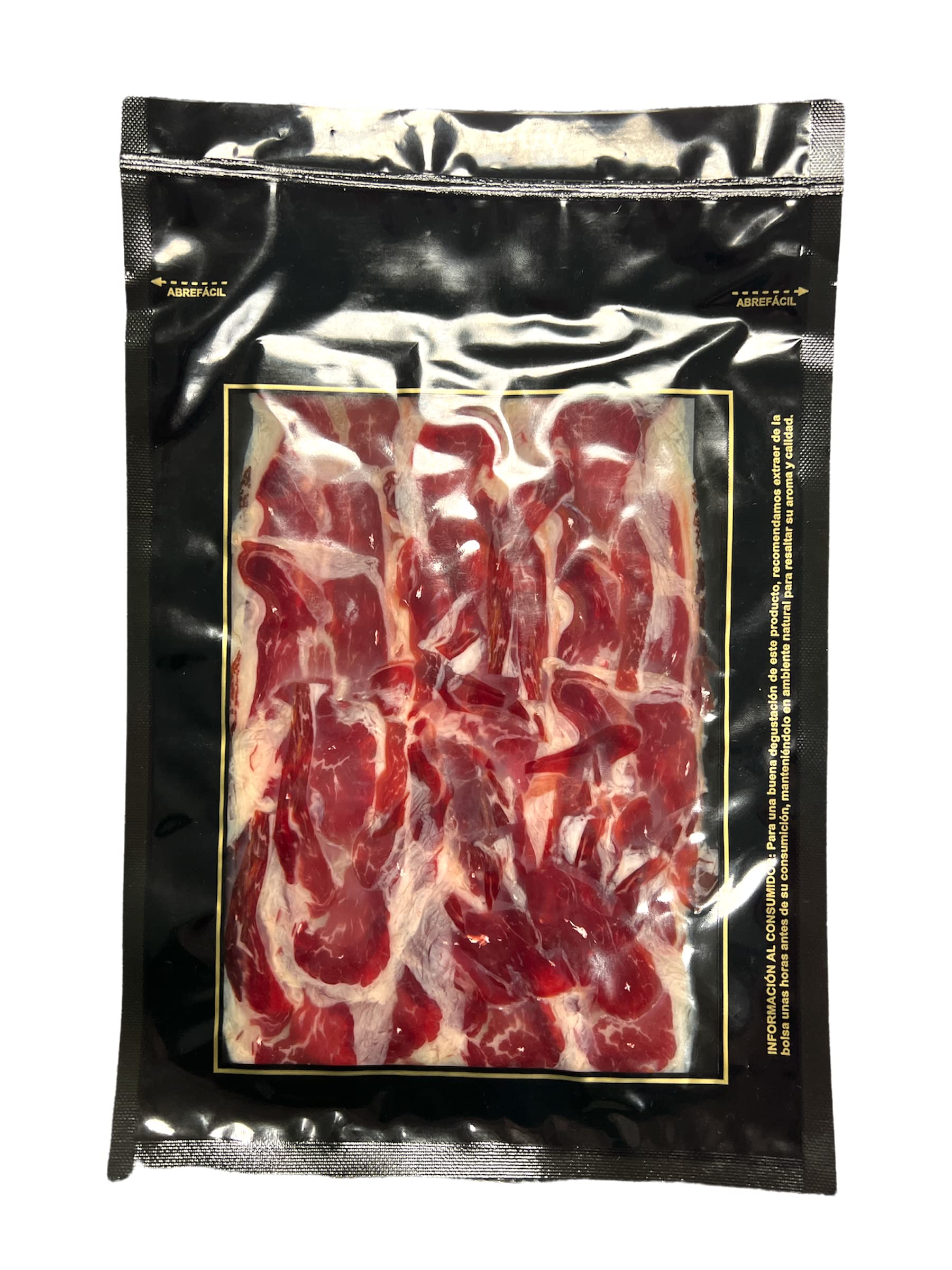 5 Sobres de 100 gr Paletilla ibérica de Cebo de Campo cortada a tapas, 500 gramos en total. Producto certificado, directo de Fábrica. "LONCHEADO ARTESANO".