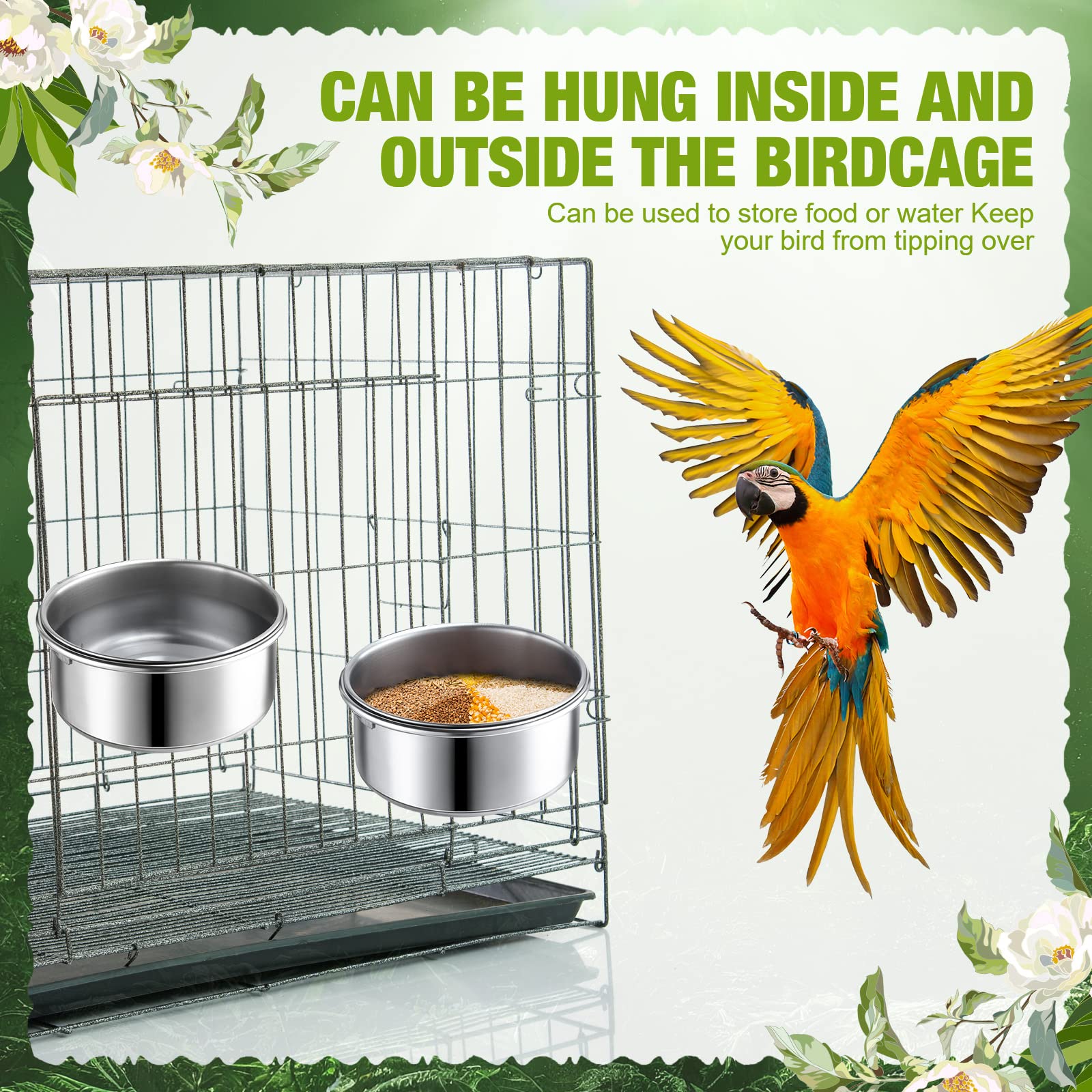 Sabary 6 Pack Bird Feeding Bowls Cups, Parrot Food Water Dishes Stainless Steel Bird Food Bowls with Clamp 10oz Birds Water Feeder for Parakeet Conure Cockatiel Lovebird Budgie Chinchilla Small Animal - image 5