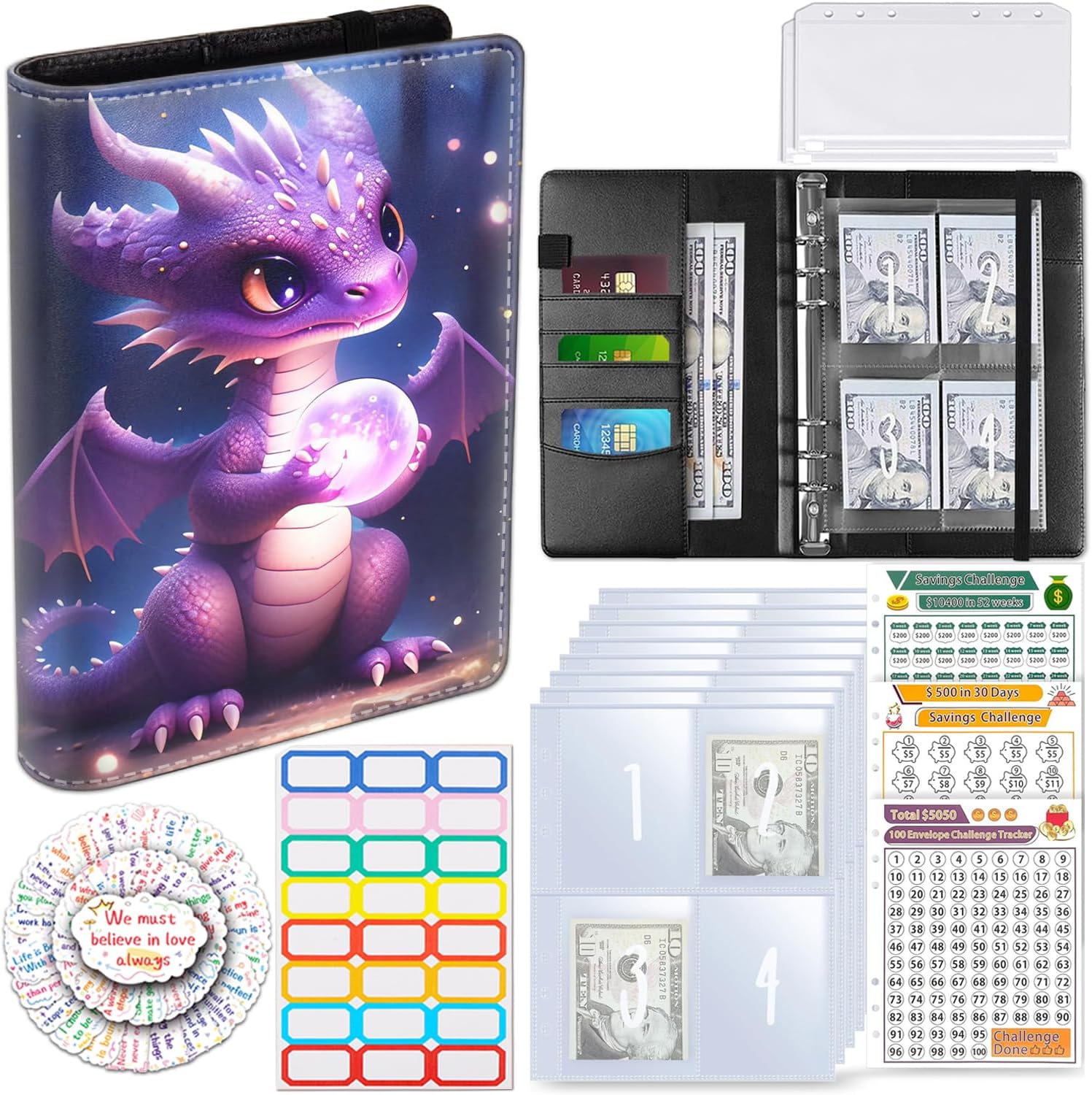 100 Envelopes Money Saving Challenge, A5 Budget Binder with Cash Envelopes & 3 Budgeting Planner Trackers to Save $5,050, 10,000, 500, Money Savings Challenge Book for Organizer, Purple Dragon Baby