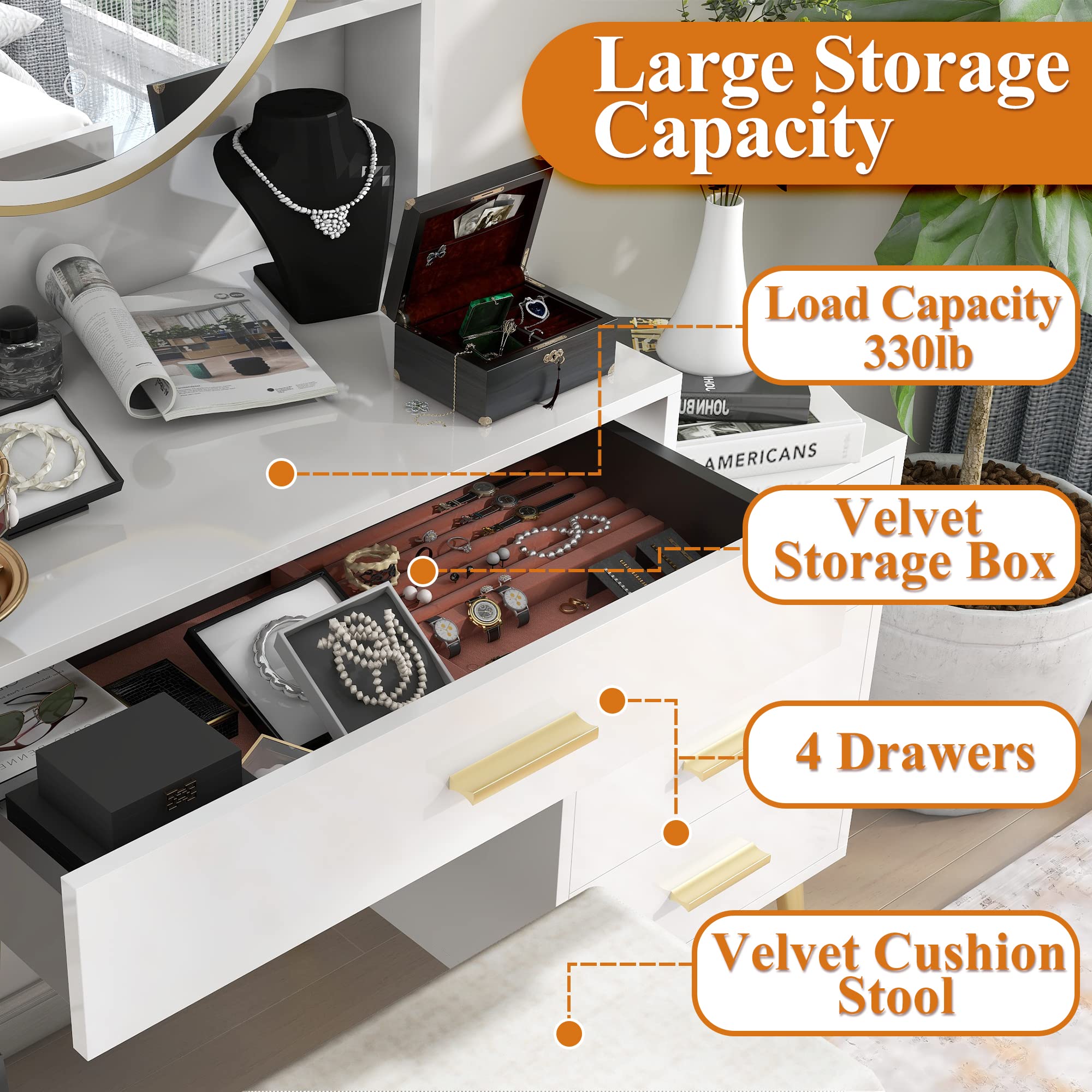 NeuType Bureau de Coiffeuse avec Miroir et lumières, Meuble de Maquillage avec 4 tiroirs, Miroir de courtoisie avec lumières et Table, 3 Modes d'éclairage, luminosité réglable, Tabouret rembourré