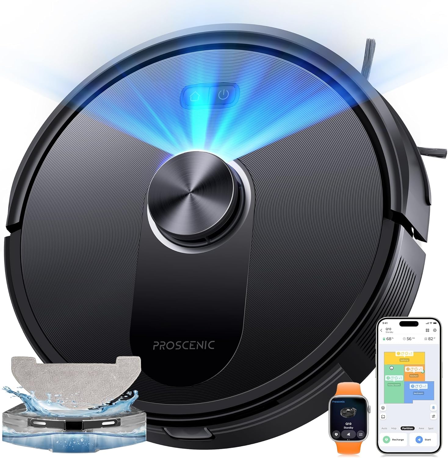 Proscenic Q10+ Aspirapolvere Robot,8000Pa 200Mins Robot Aspirapolvere con mocio, navigazione Lidar, multi-piano mappatura, evitare ostacoli, silenziosi, per peli animali e tappeti duri