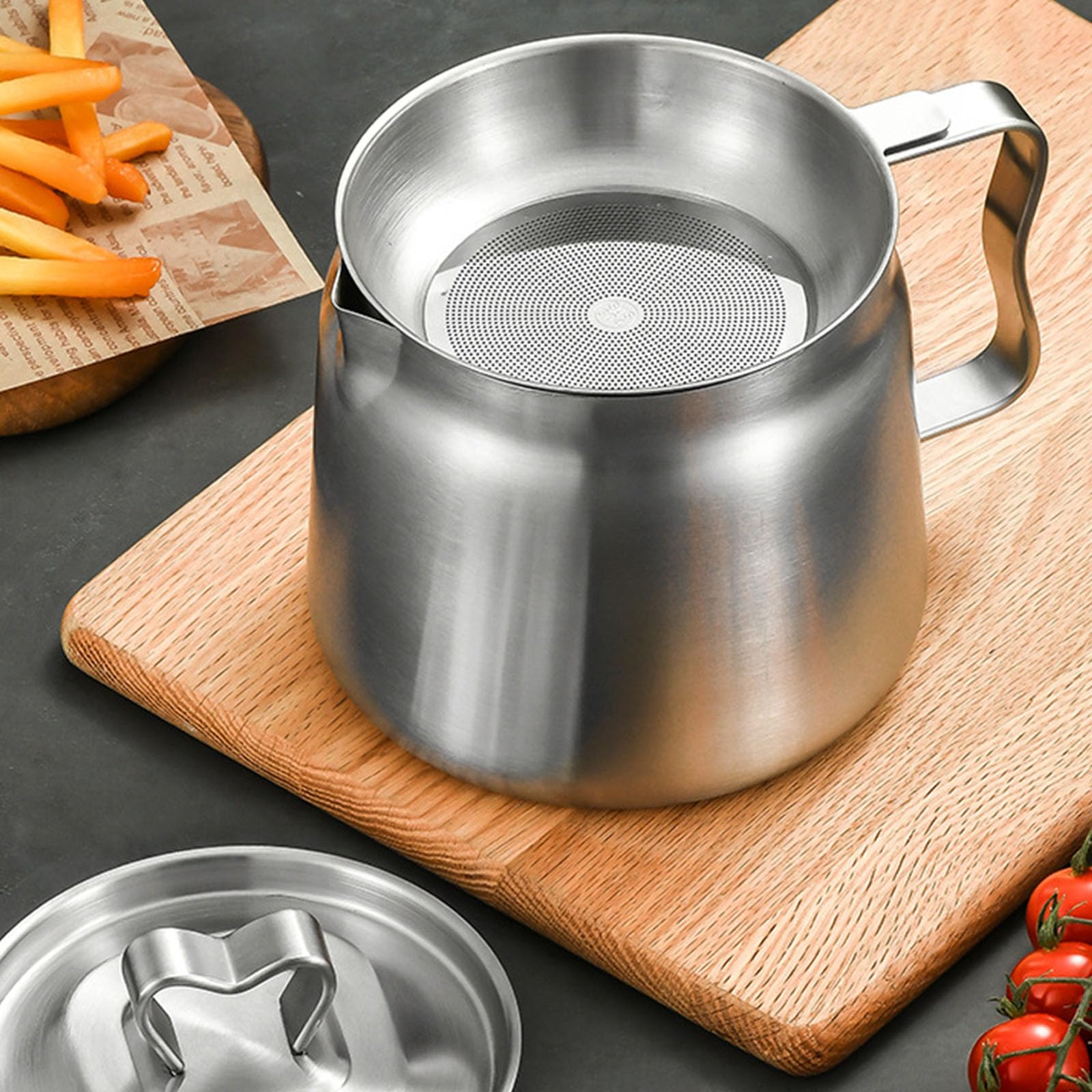 Recipiente de filtro de aceite de acero inoxidable de alta capacidad, tapa y colador, sartenes para camping, cocina al aire libre, caldera de filtro de aceite de grado alimenticio