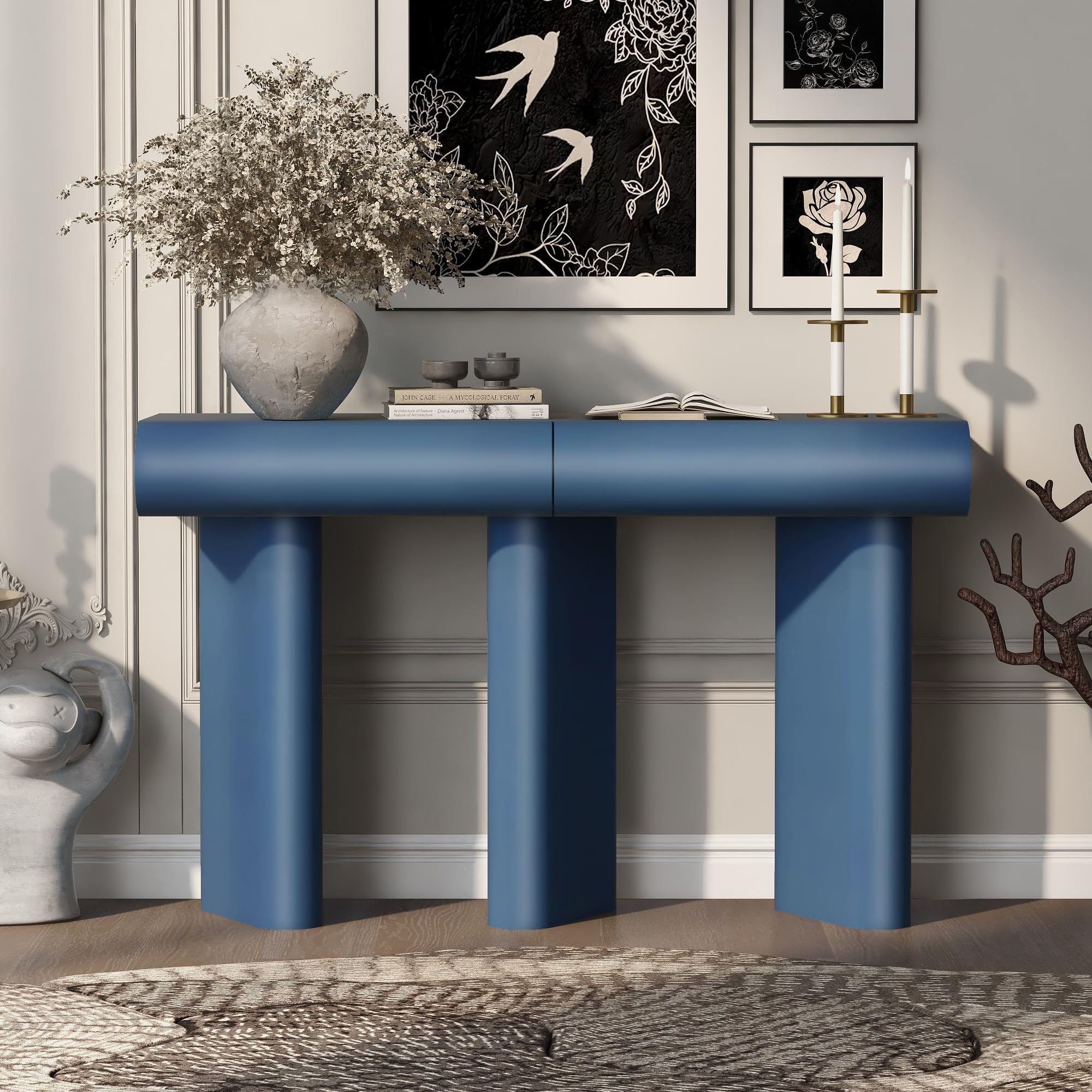 Modern Unique Entryway Console Table with 2 Curved Drawers, 47.6" Long Accent Narrow Sofa Table with 3 Geometric Legs and High-Gloss Finish for Living