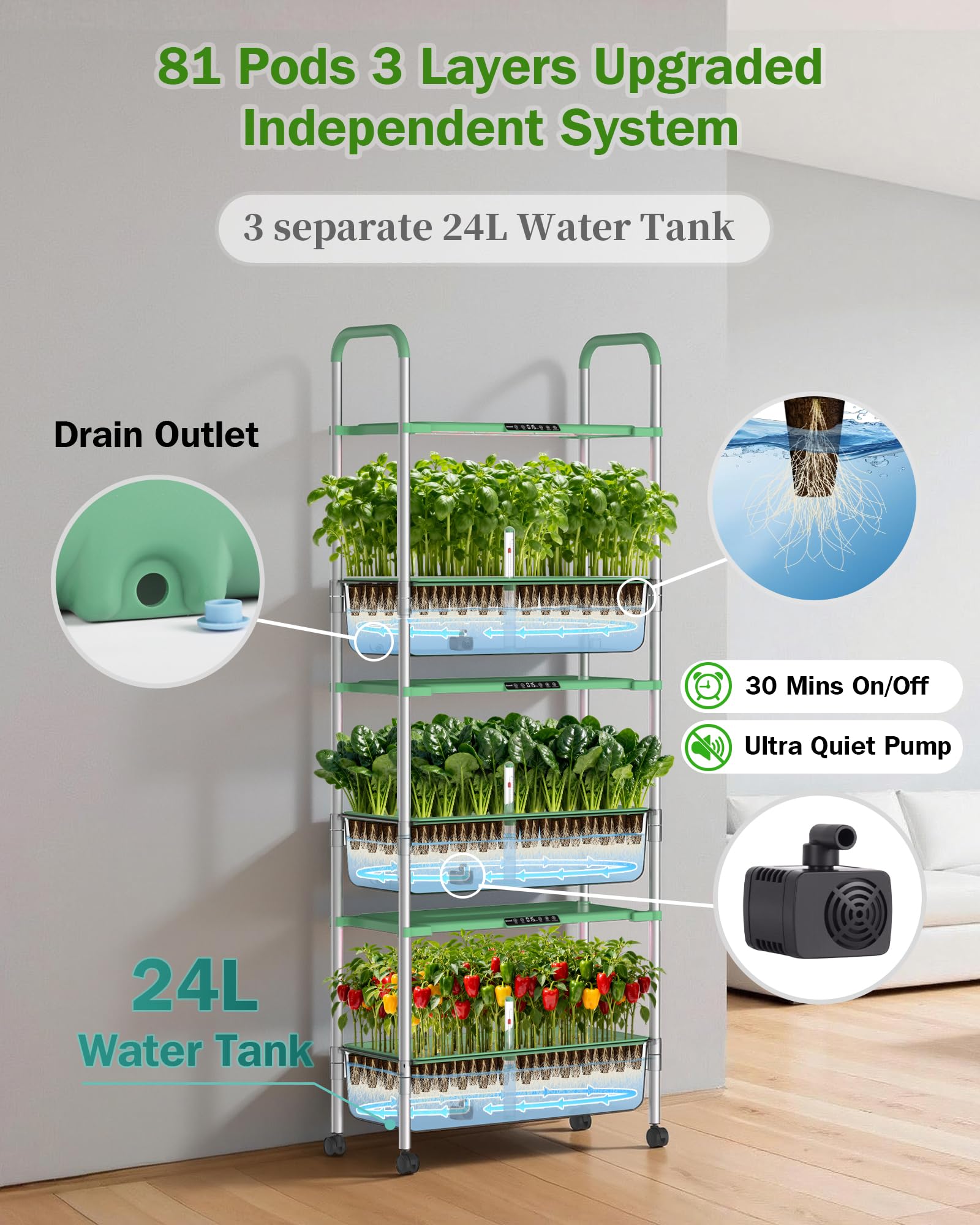 Growell Großes Hydrokultur-Anzuchtsystem-Set, 81 Kapseln, vertikaler Kräutergarten-Set für den Innenbereich, mit LED-Wachstumslicht und unabhängiger Wasserpumpe, 42 l beweglicher Pflanzgefäß für den
