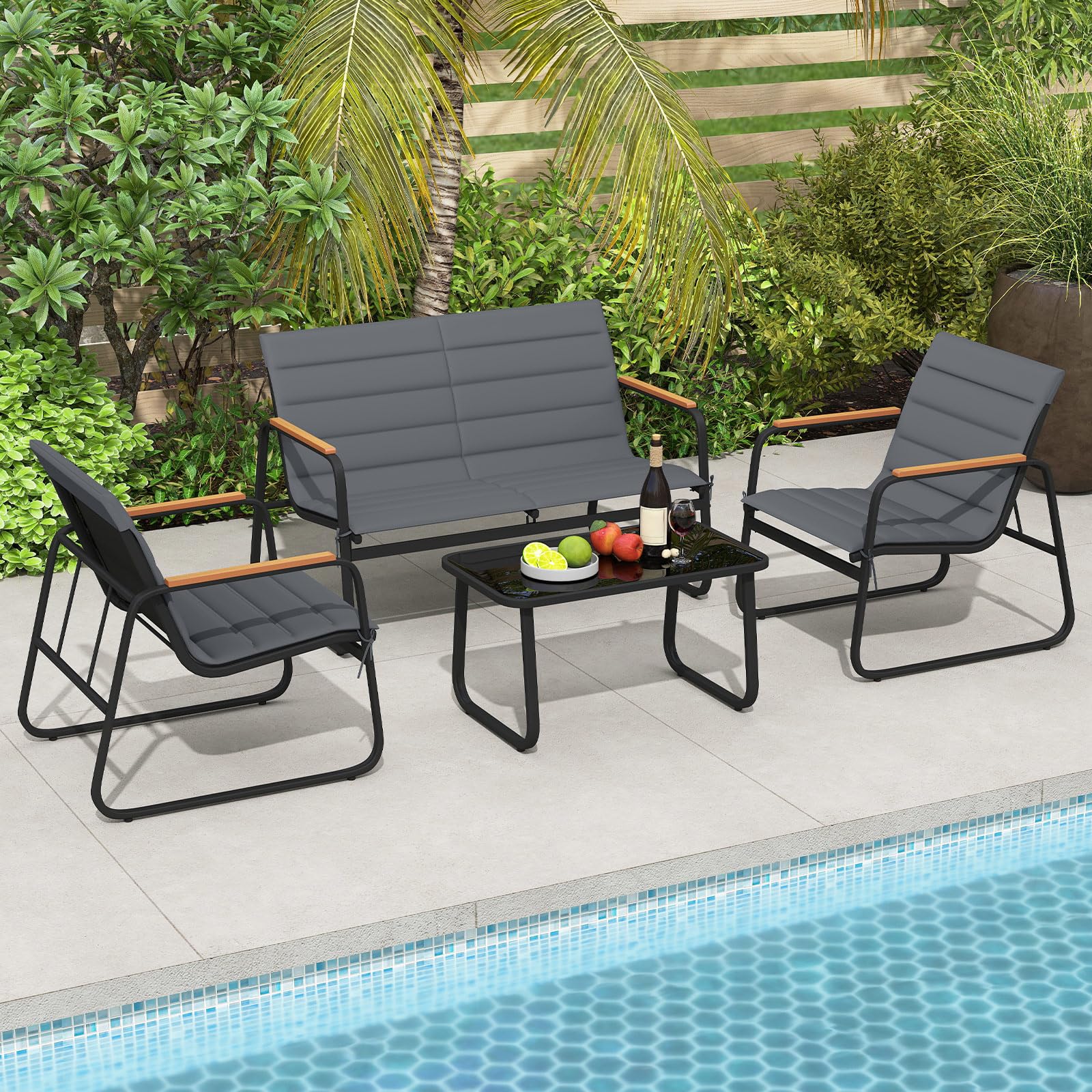 RELAX4LIFE Tavolo da Giardino con Sedie, 3 Poltrone con Braccioli in Legno Plastico e Cuscini Rimovibili/Lavabili, Struttura in Metallo, Tavolino in Vetro Temperato, Set Bistrò per Esterno (Modello 2)