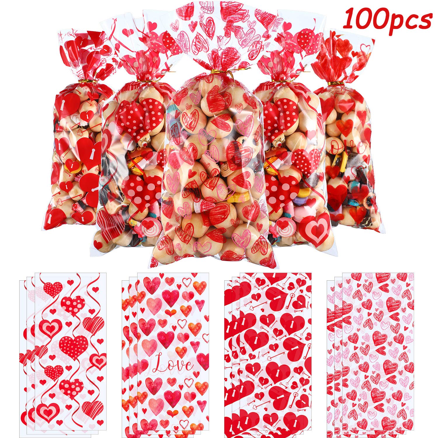 Blulu Valentines Treat Bags 100 Pcs Valentine Candy Cellphone Bag 4 Styles Plastic Heart Cookie Bags Gift with 200 Pieces Twist Ties for Party Supplies (100pcs,B Style)