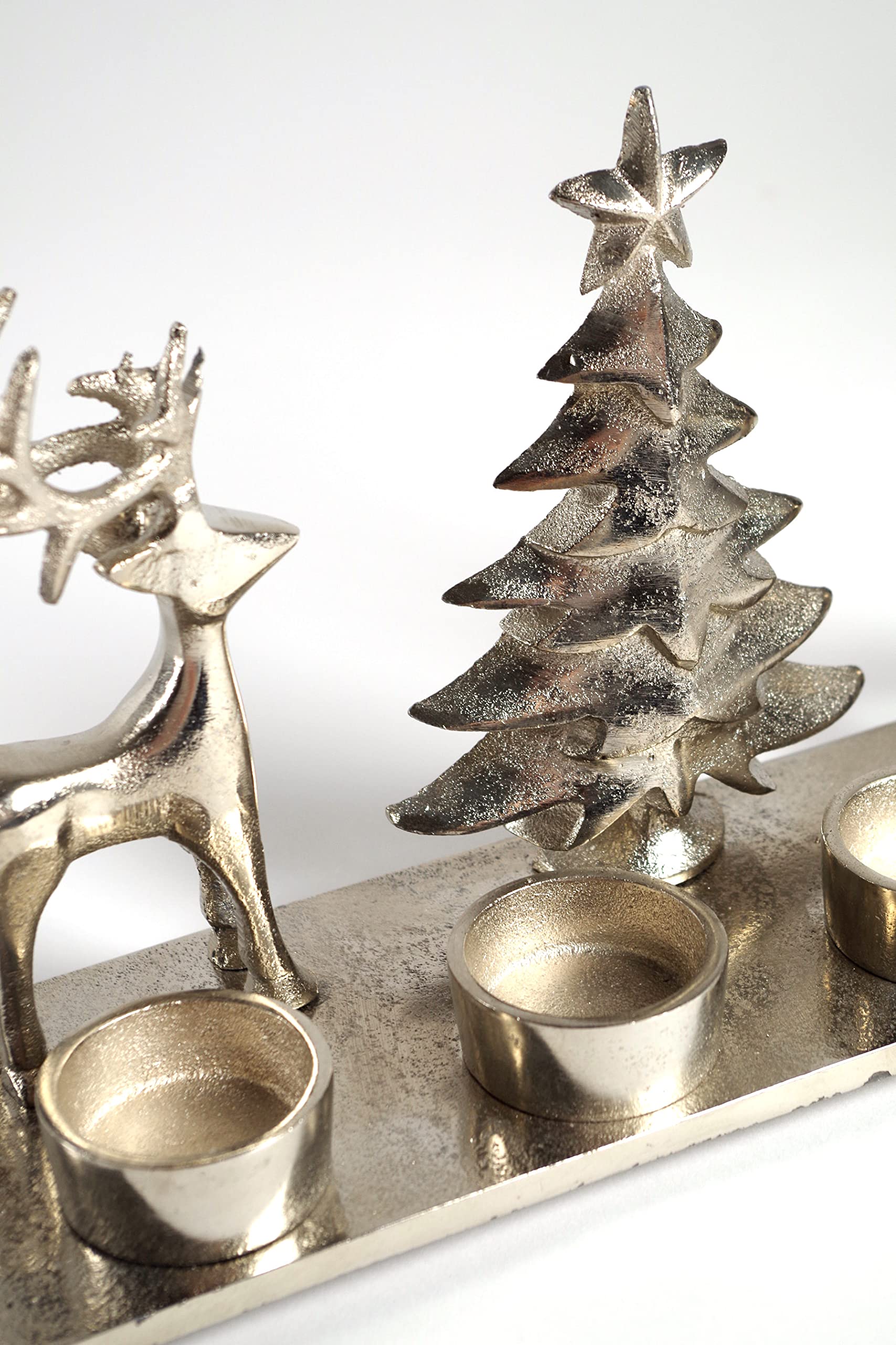 Kobolo Kerzenhalter Teelichthalter -Weihnachtsbaum+Rentiere- Metall - Silber - 33x10x17 cm