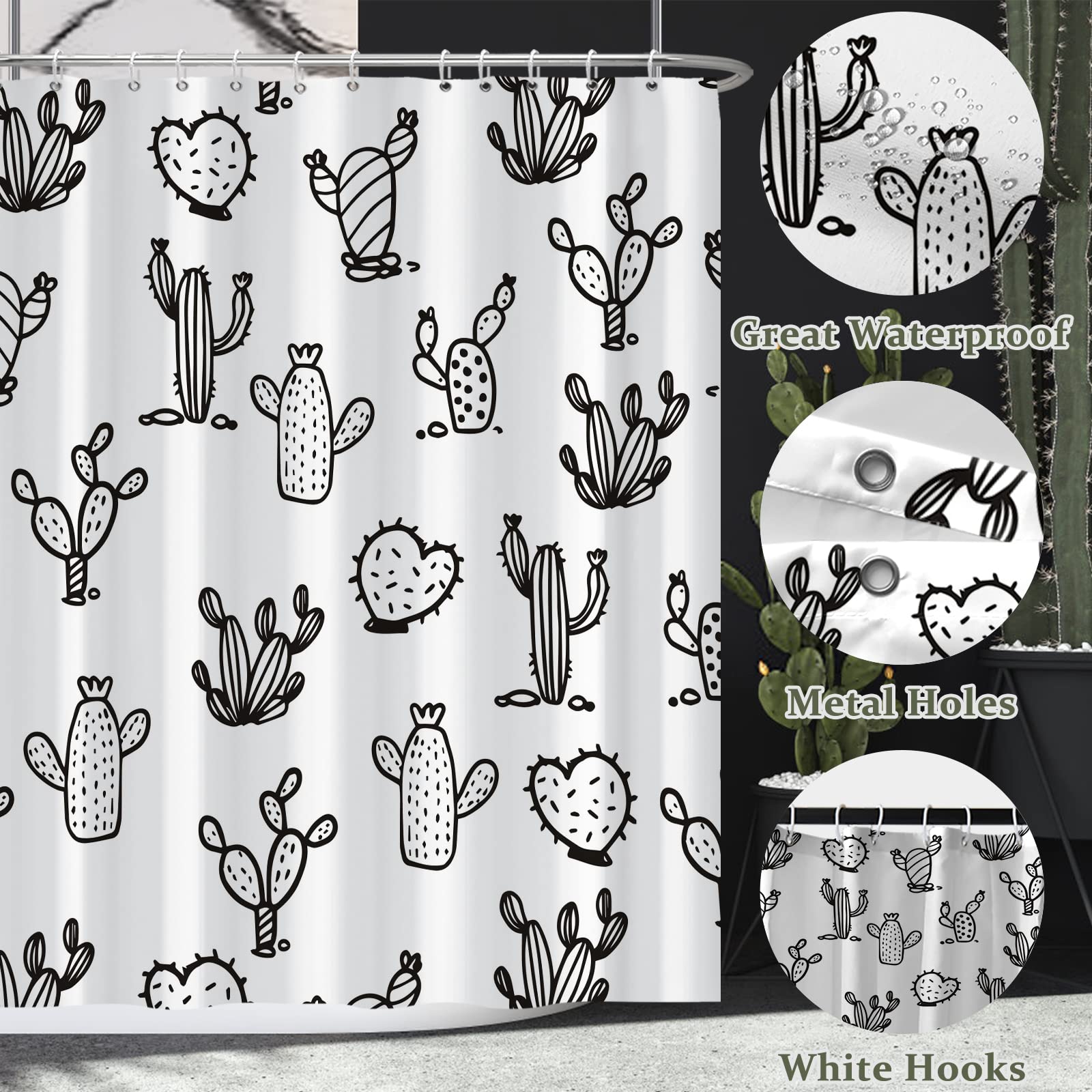 Bovlleetd Noir Blanc Cactus Rideau De Douche Plante du Désert Dessin Animé Simple Rideaux De Douche avec Crochets Enfants Doodle Salle De Bains Rideaux Décoratifs Art Rideau pour La Maison 180x180cm