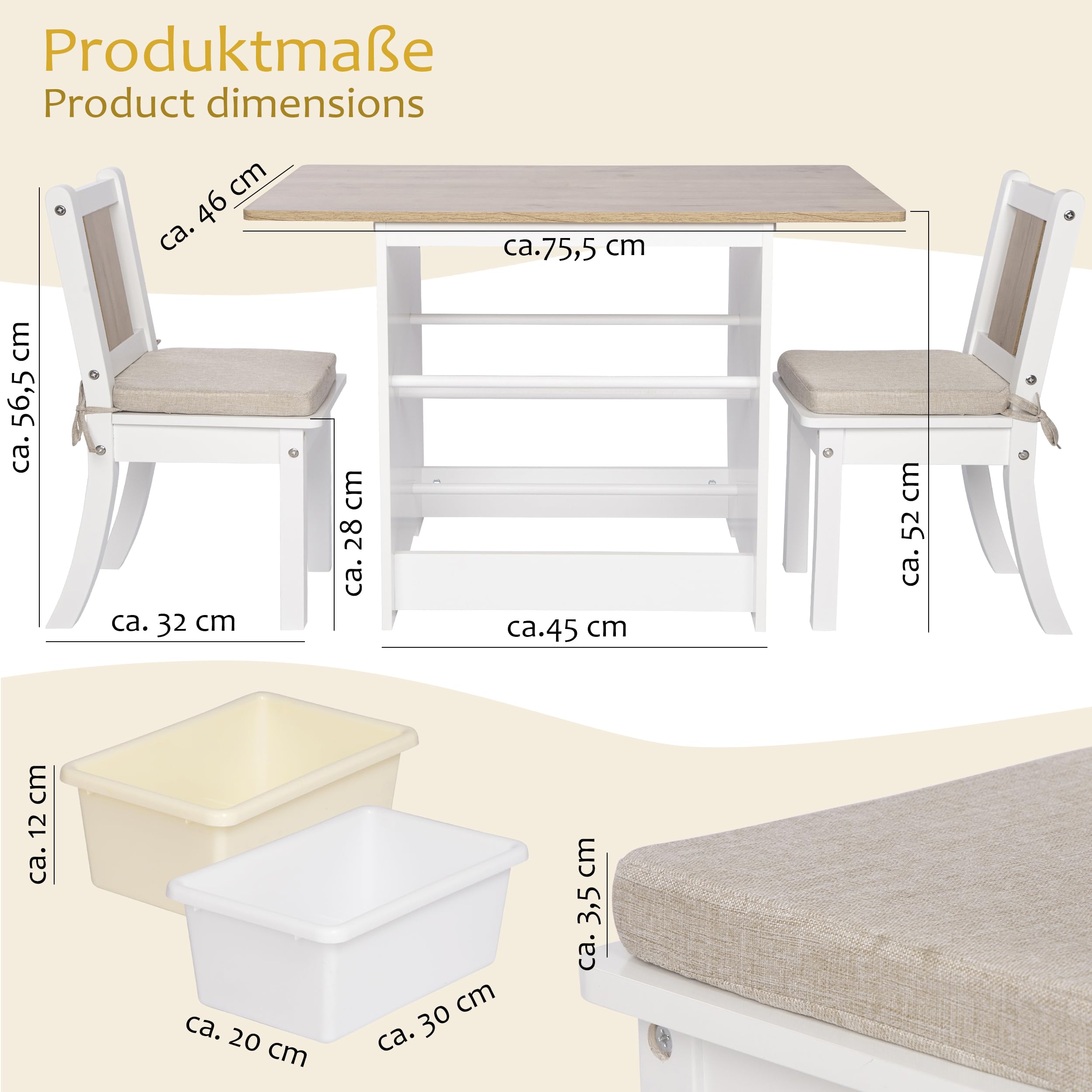 ONVAYA® Kindertisch-Set mit Stühlen | Weiß-Holz | Kindersitzgruppe mit Stauraum | Kindermöbel-Set mit Tisch und 2 Stühlen | Kindertischgruppe aus Holz | Sitzgruppe fürs Kinderzimmer