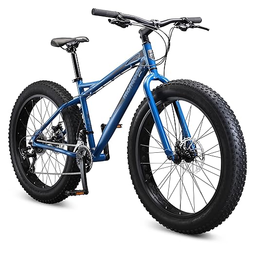 Mongoose Juneau Men and Womens Fat Tire Mountain Bike, 26x4-Inch Big Fat Wheels, 16-Speed Trigger Shifters, Adult Aluminum Mountain Frame, Blue