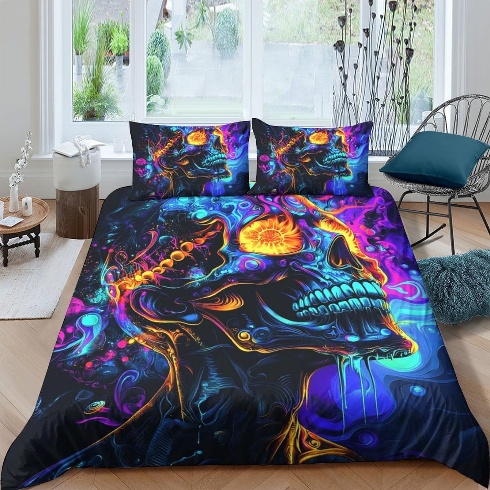 Ctjqhvkz Style-7 3D Printed Neon Skull Fitted Sheet Microfiber Soft Breathable Psychedelic Skeleton Mattress Cover Bedroom Decor Single（135X200cm）