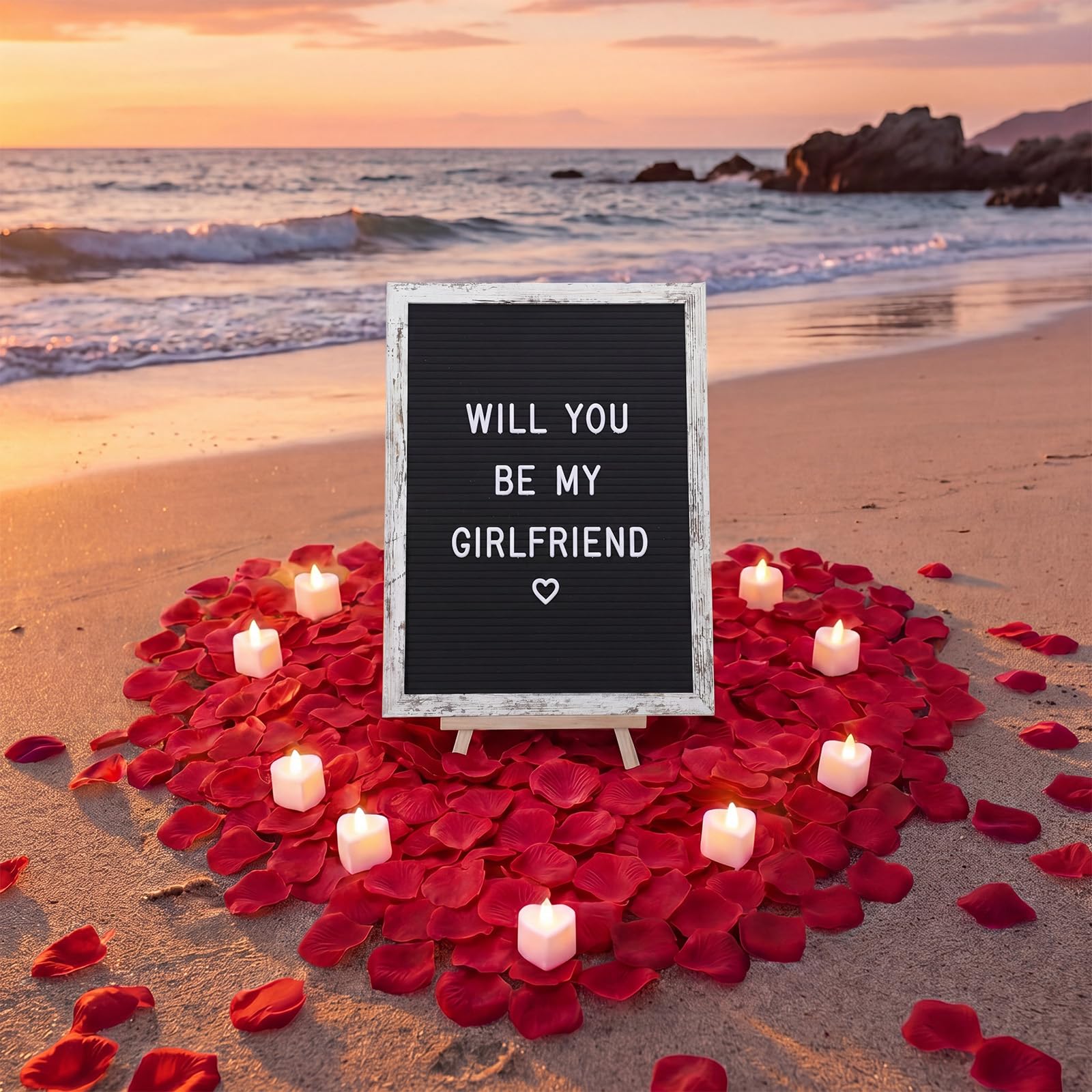 Ceenna Letrero romántico con velas LED y pétalos de rosa artificiales, para el día de San Valentín, letrero de madera con luces para el día de San Valentín, aniversario, fiesta (negro)
