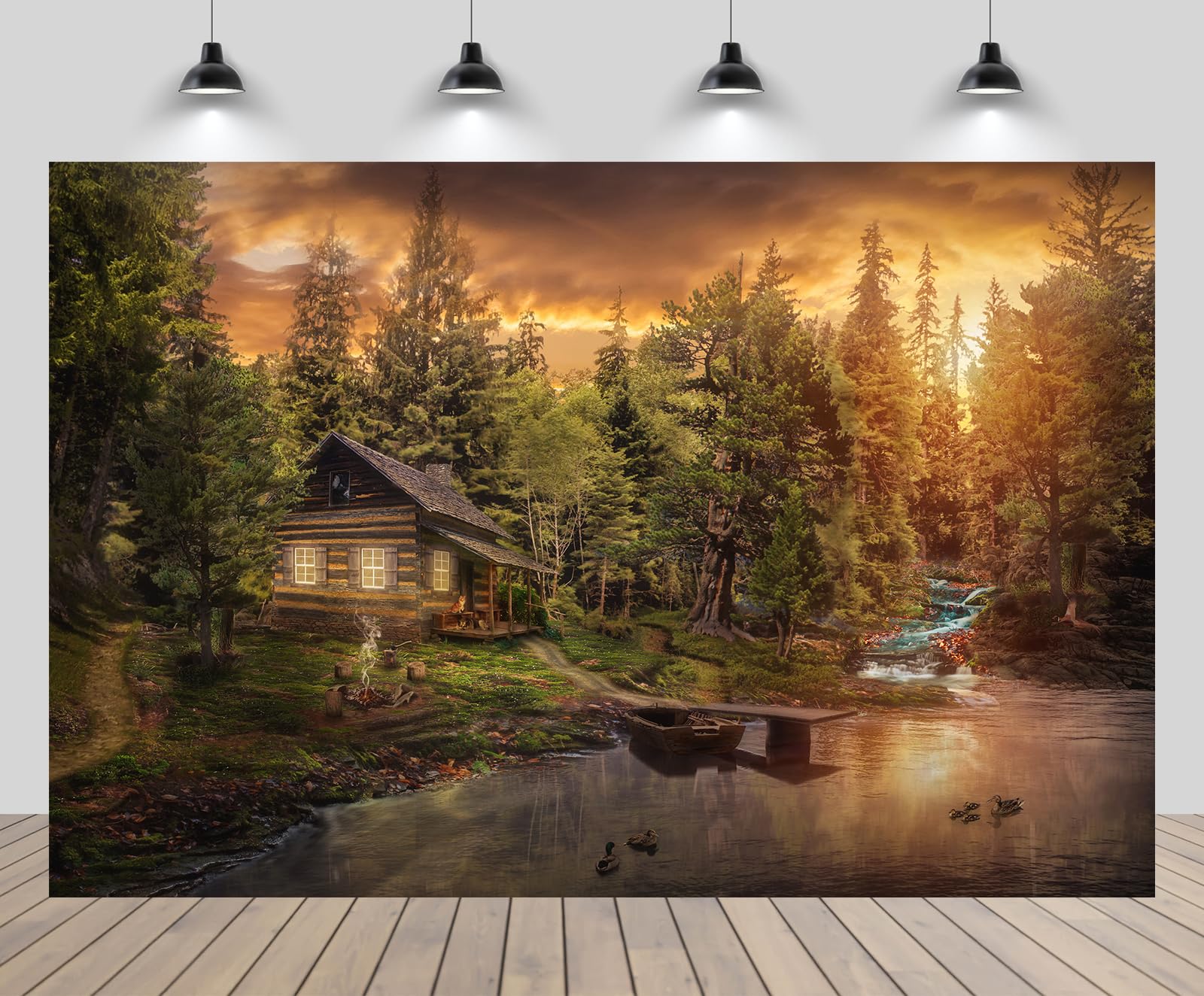 CHNYWORK 7x5ft Wooden Cabin Backdrop Forester's Cabin Duck River Forest Boat Sunset Scenery Wonderland Background Enchanted Forest Hiking Camp Natural