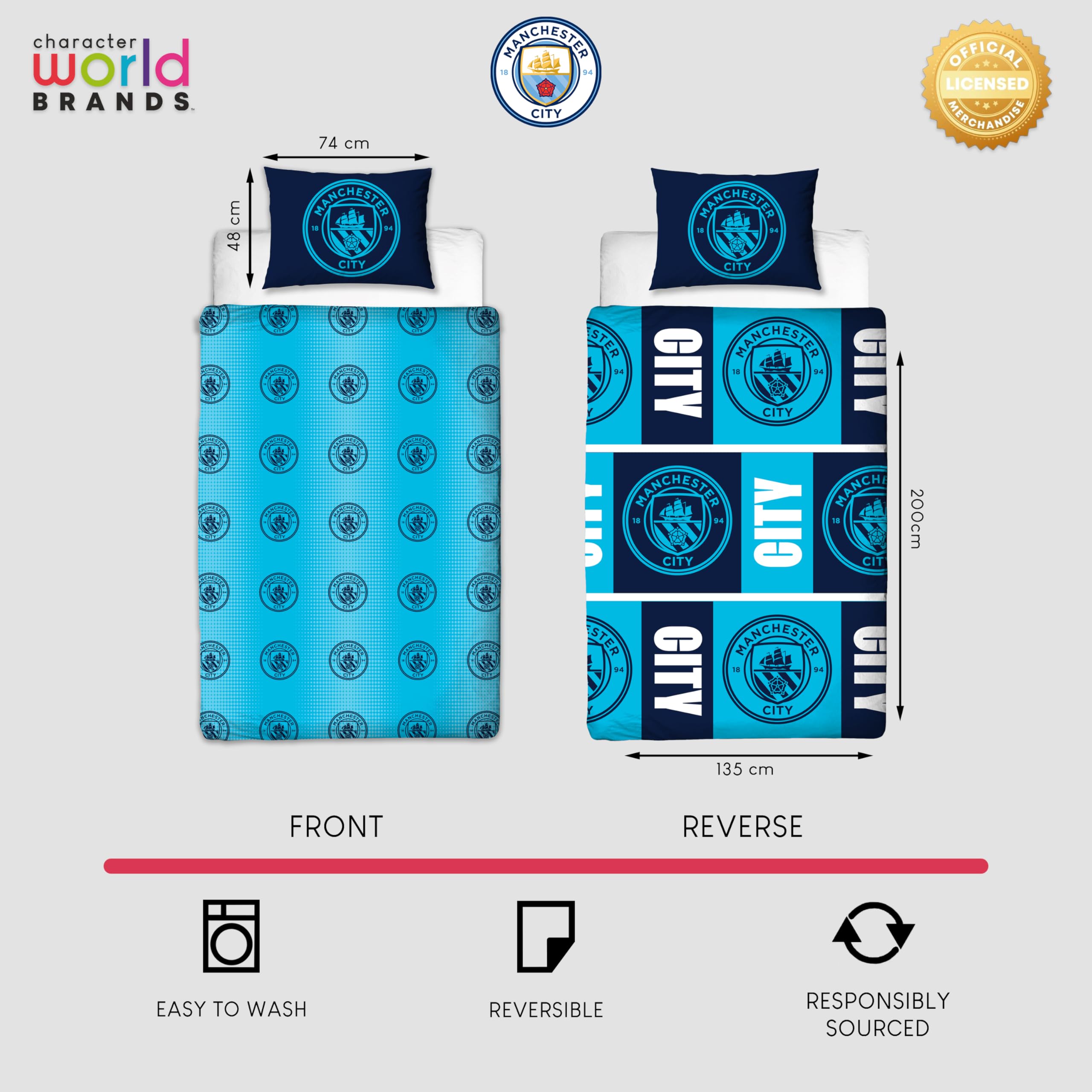 Manchester City FC Offizielles Einzelbettwäsche-Set | Design „Flashy“ | Blaues, beidseitig wendbares Fußball-Bettwäsche-Set mit passendem Kissenbezug | Offizielles Merchandise | Polycotton