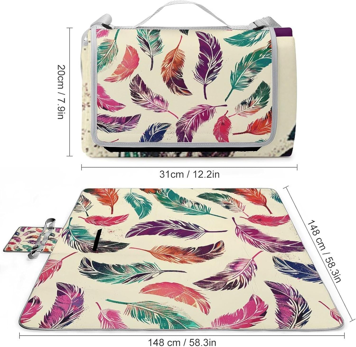 Outdoor Picnic Blanket Extra Large Beach Blanket Waterproof Picnic Mat Colorful Feather Pattern Camping Blanket Portable with Carry Strap Park Blanket for Grass Camping Park