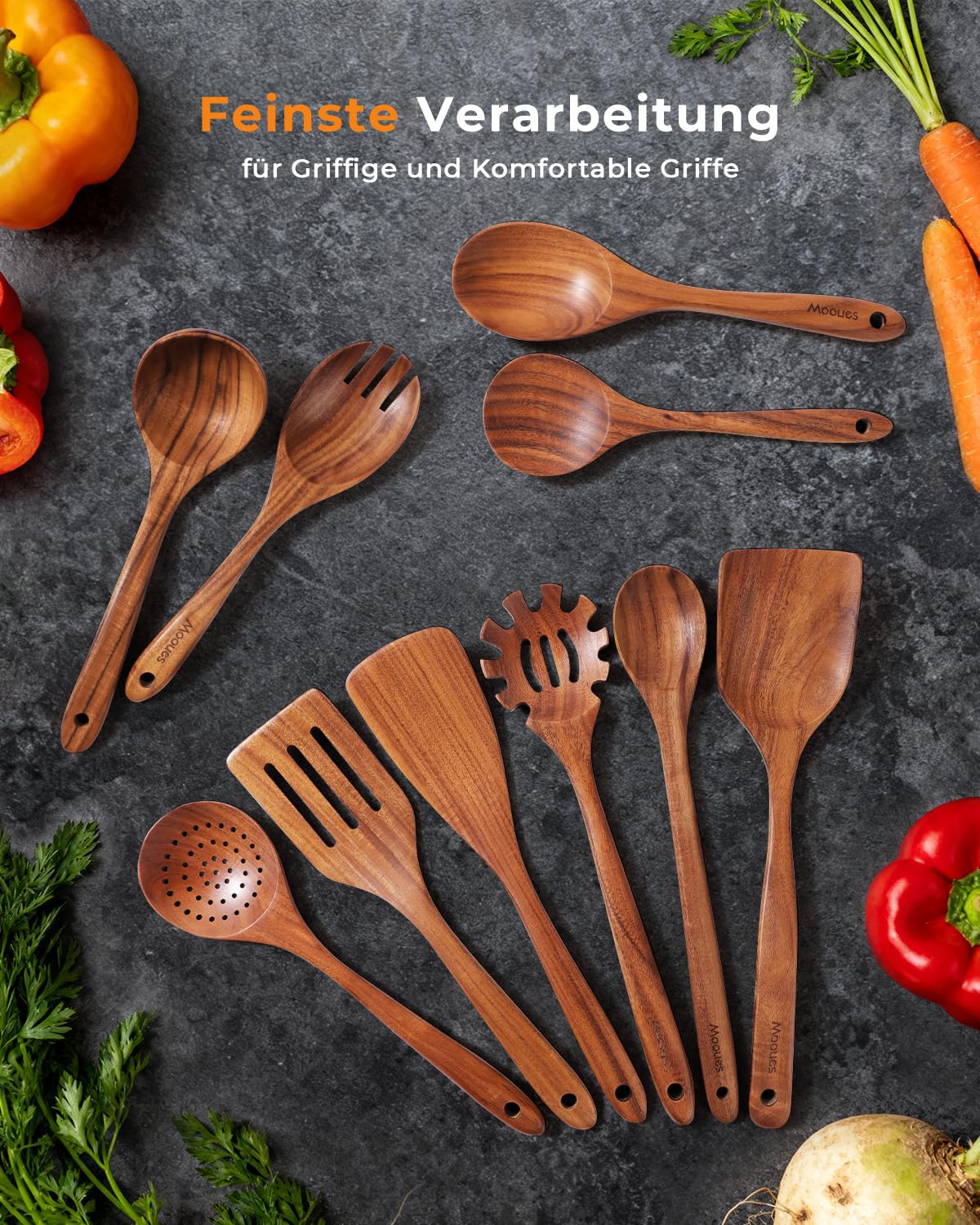 Mooues Kochlöffel Holz Set 10 Stück+ Pizzaschieber Aluminium mit Faltbarer Griff