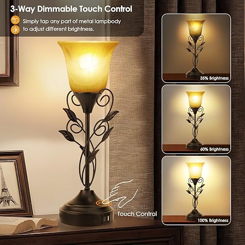 Miniatura 4 de Lámpara de mesa para dormitorio, lámparas de noche, juego de 2 puertos USB duales, 3 vías, regulable, control táctil, lámpara de mesita de noche