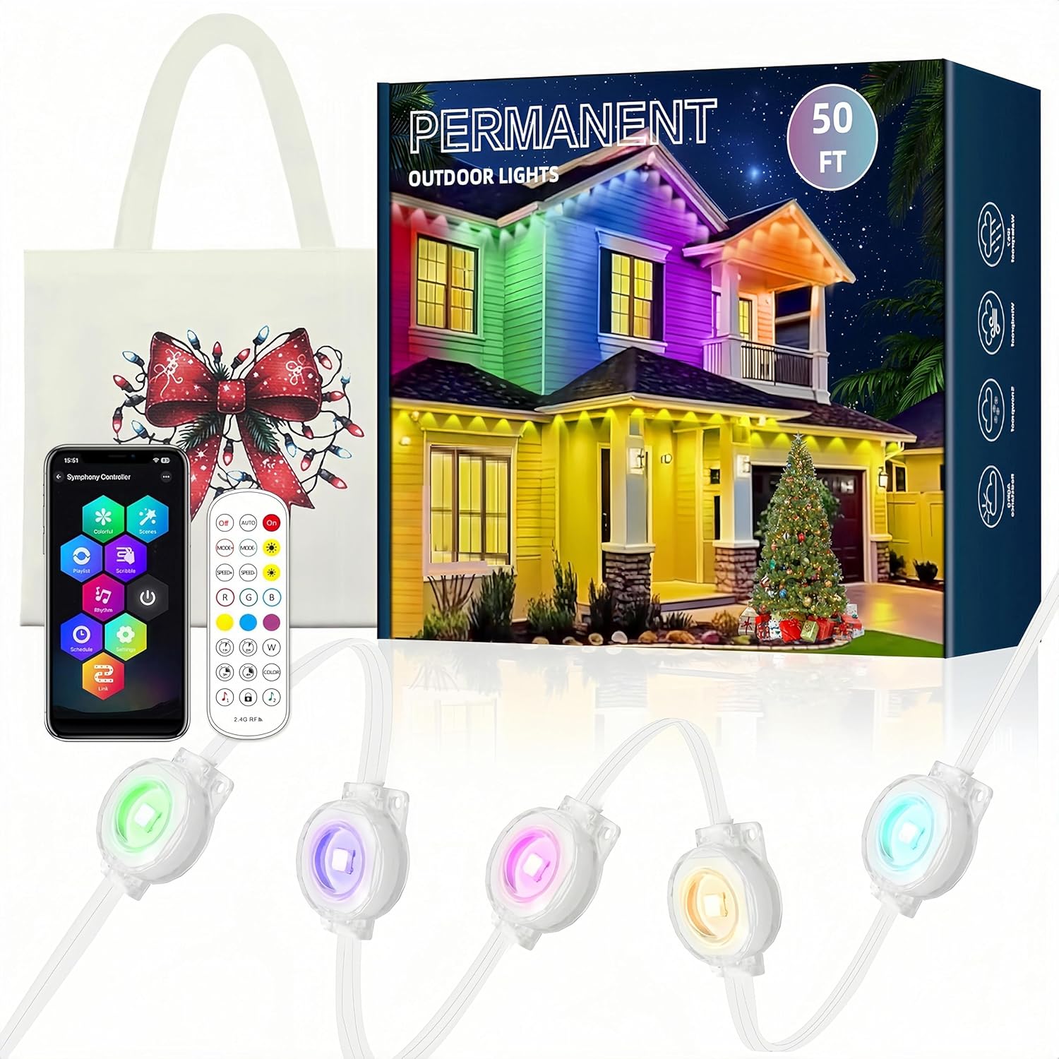 Permanent Outdoor Lights 50FT 30LEDs, RGBWC+IC Smart LED Strip with 50+ Scene Modes, IP68 Waterproof, App & Remote Control for Christmas, Holiday, Roof, and Pool Party Decor